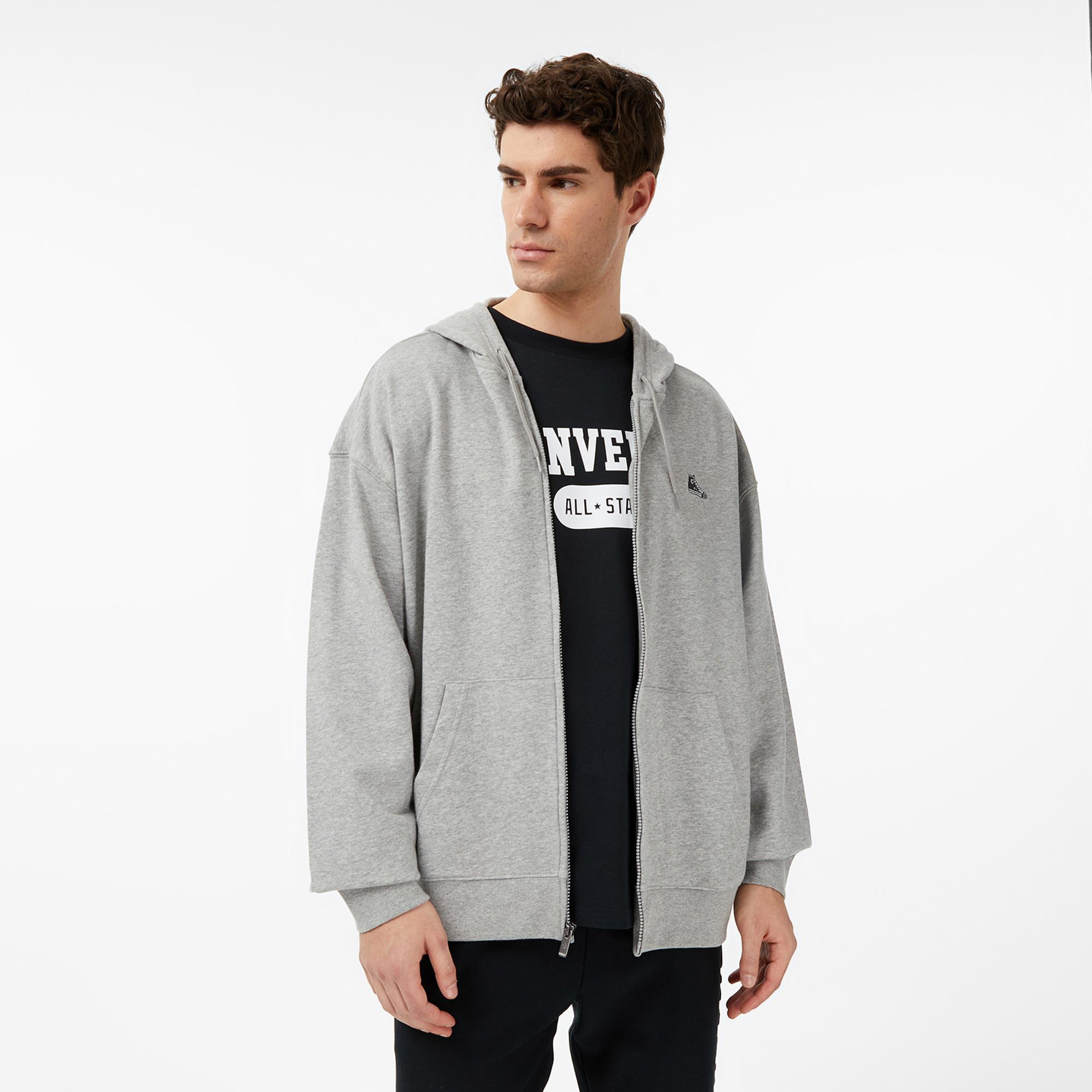 Converse Loose Fit Sneaker Patch Full Zip Erkek Gri Sweatshirt