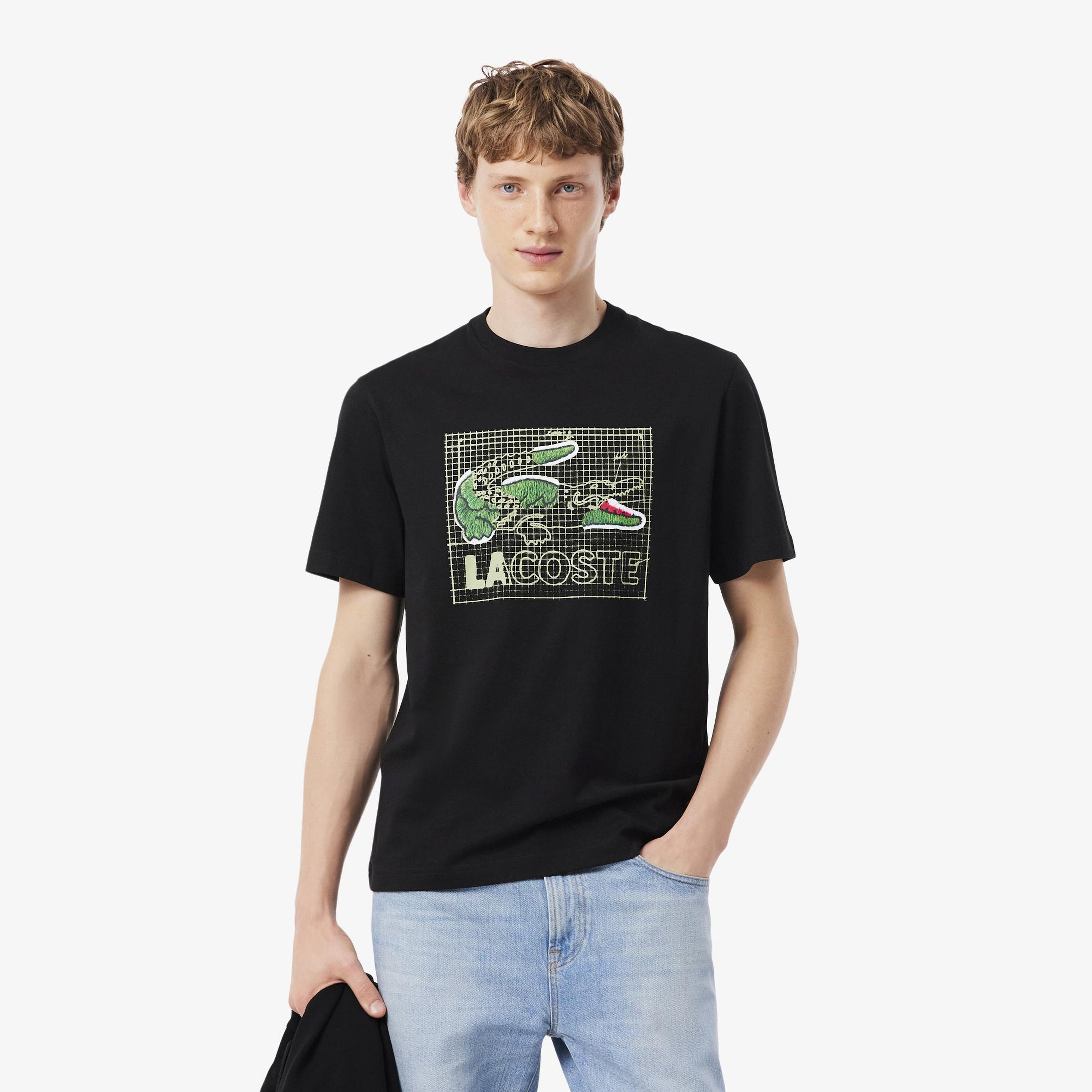 Erkek Classic Fit Bisiklet Yaka Baskılı Siyah T-Shirt
