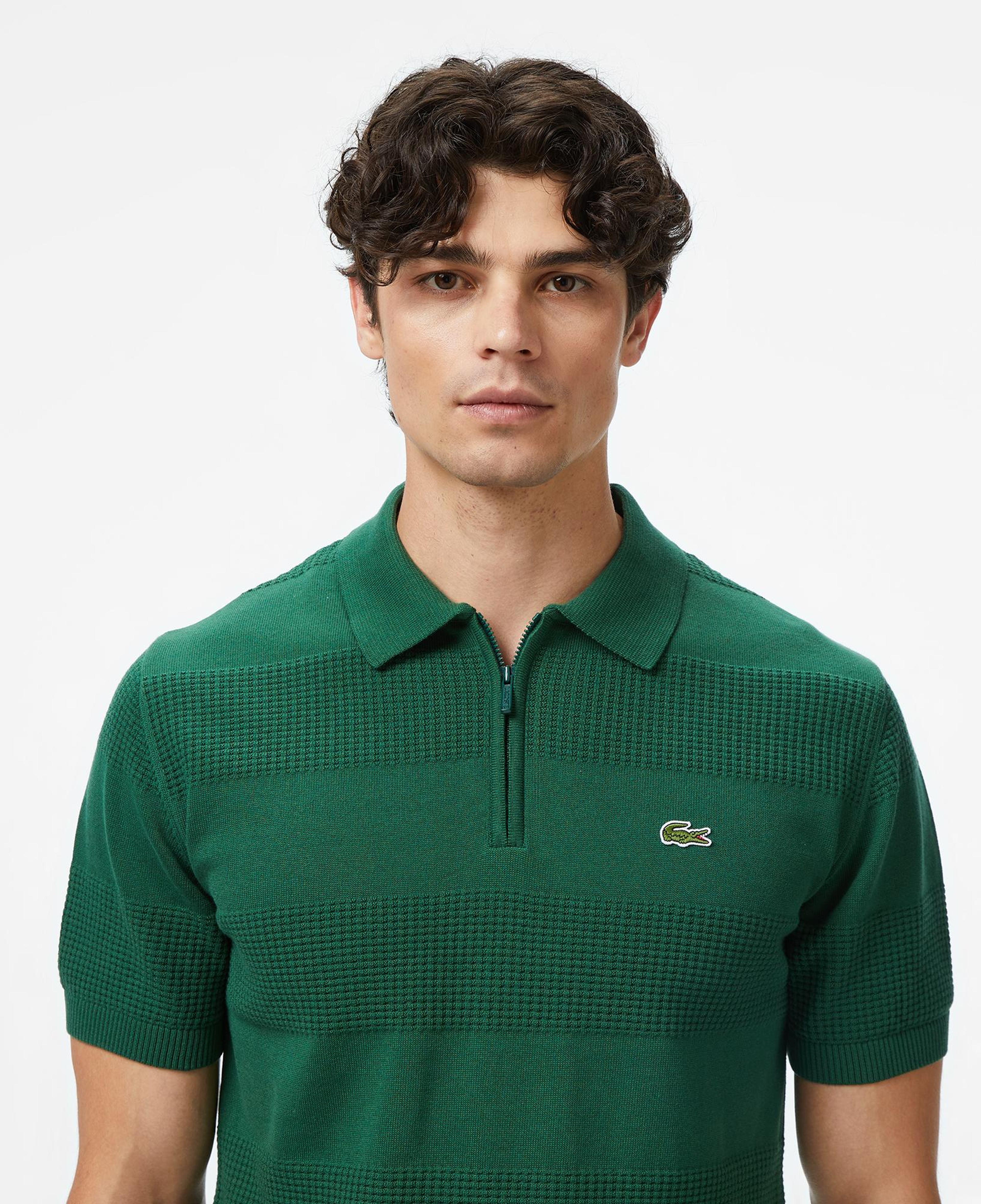 Erkek Classic Fit Kısa Kollu Polo Yaka Desenli Yeşil Triko