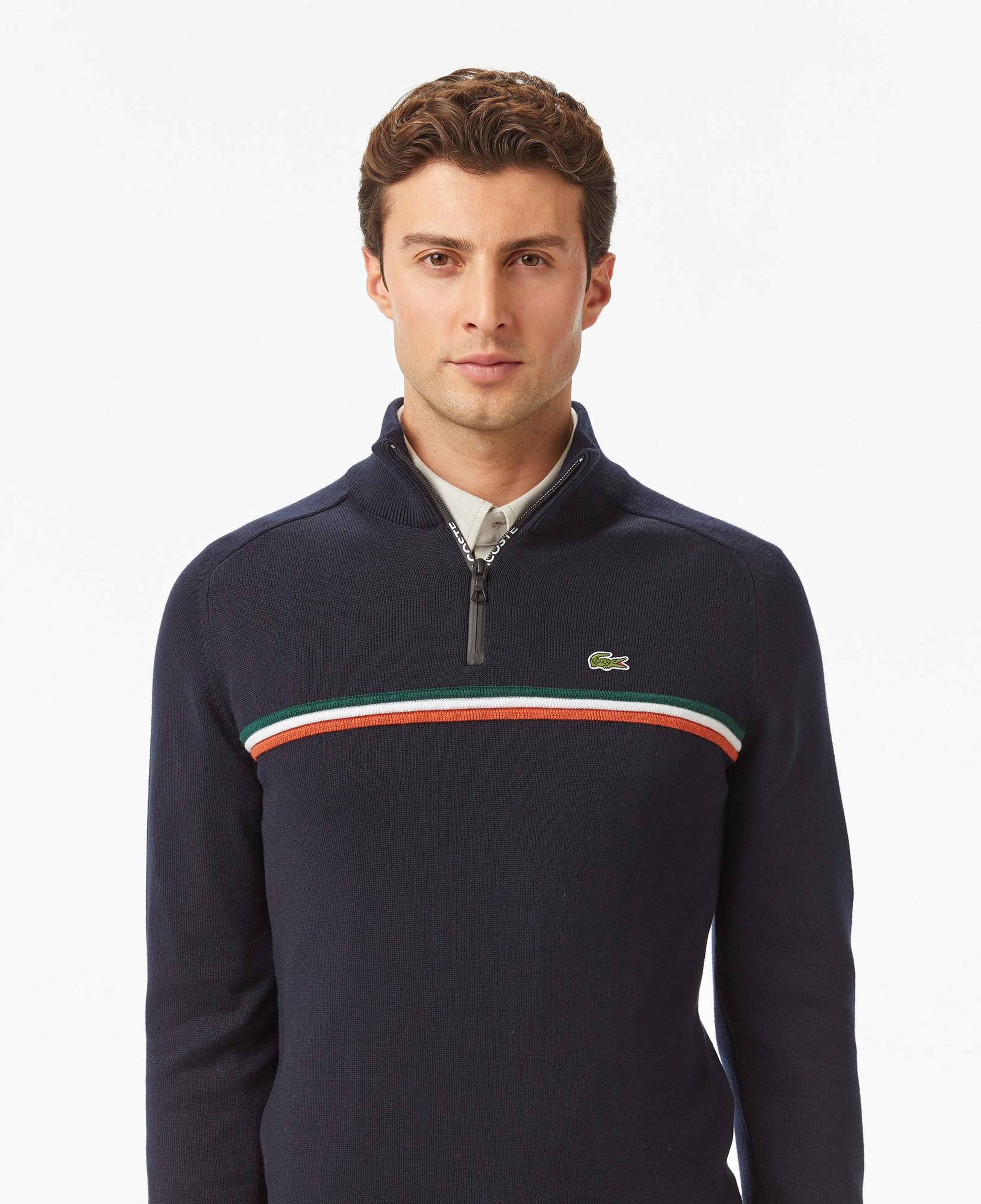 Erkek Classic Fit Yarım Fermuarlı Çizgili Lacivert Kazak