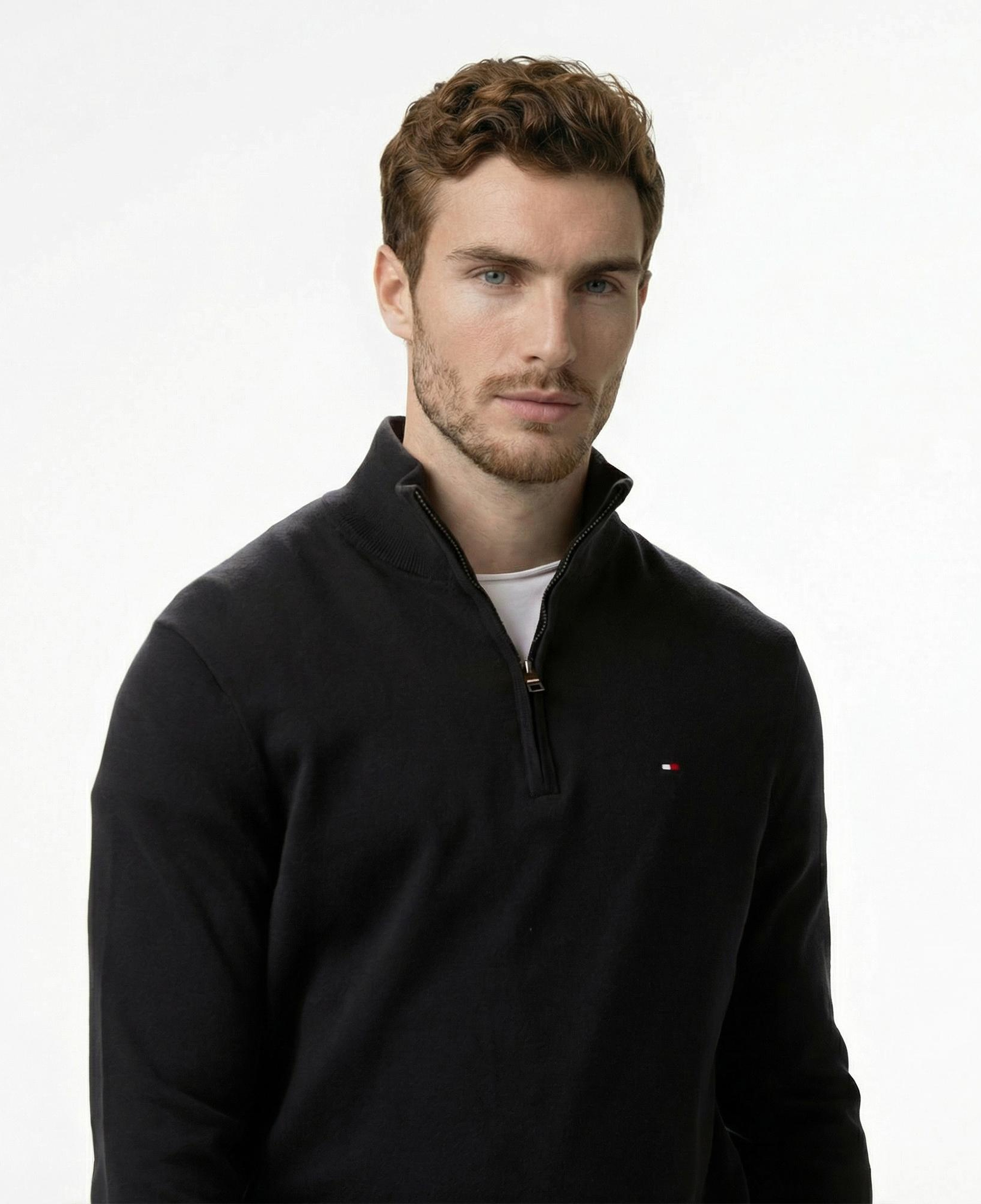 Tommy Hilfiger Essential Cotton Mock Erkek Yarım Fermuarlı Triko Siyah Kazak
