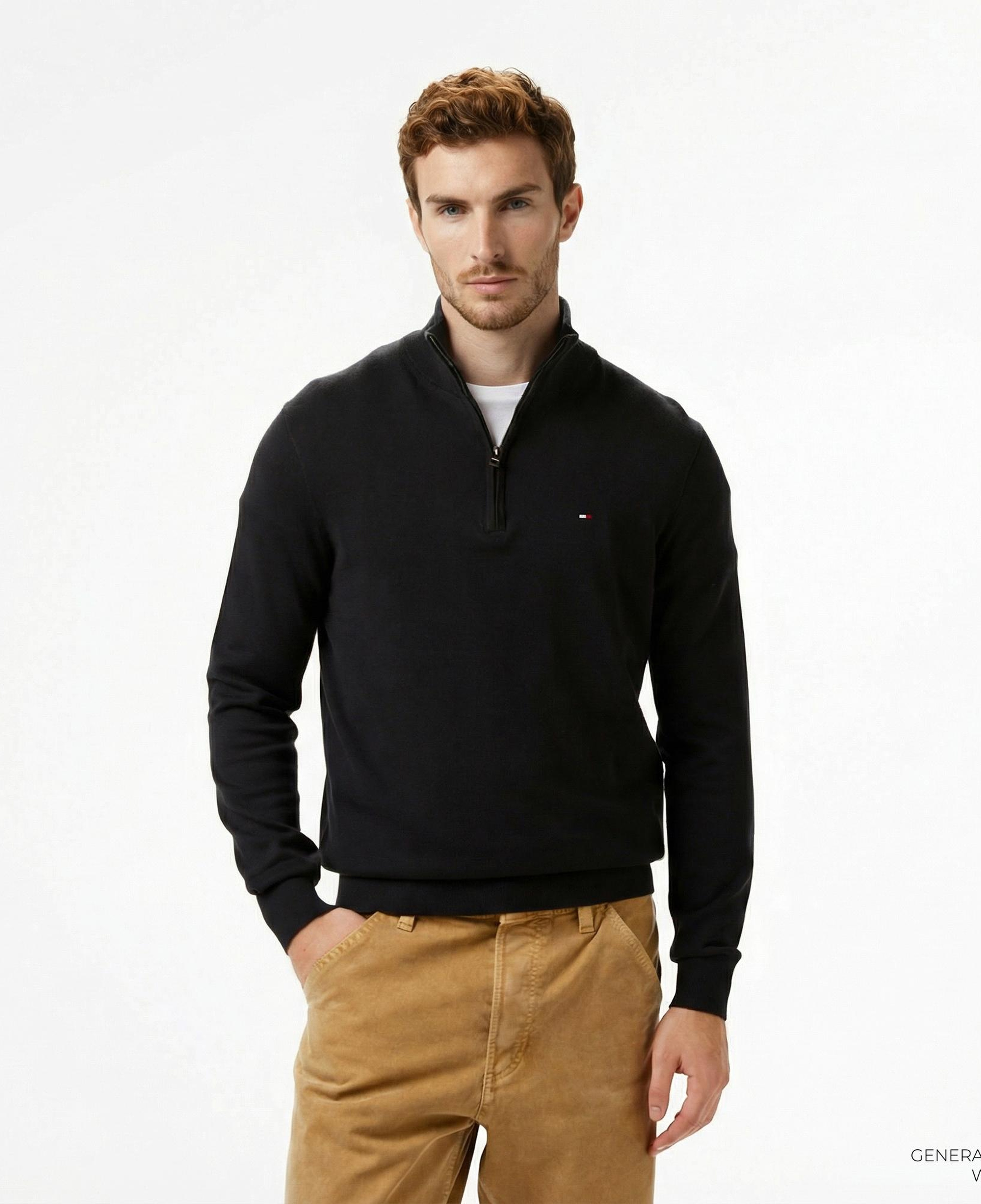 Tommy Hilfiger Essential Cotton Mock Erkek Yarım Fermuarlı Triko Siyah Kazak
