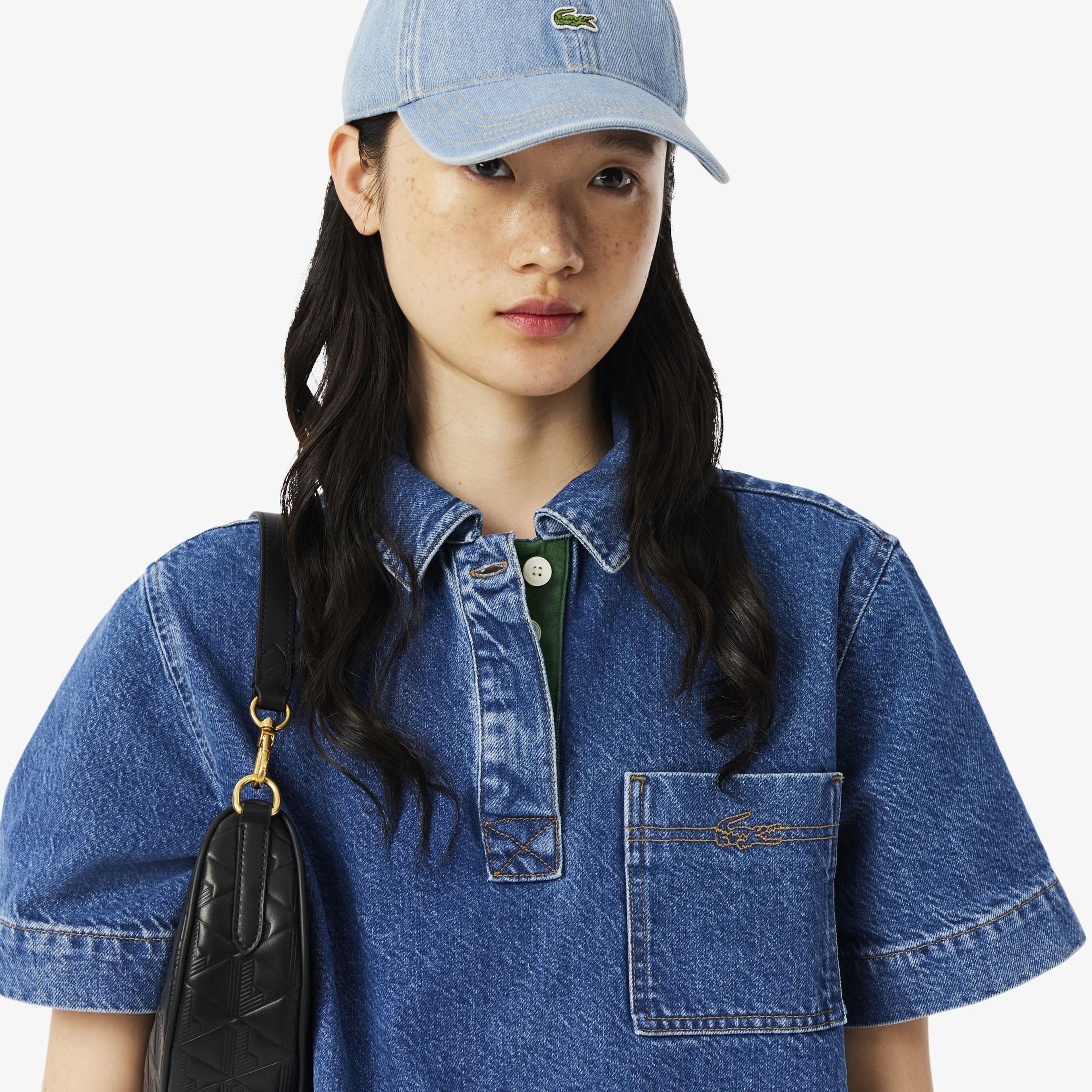 Kadın Oversize Fit Kısa Kollu Polo Yaka Denim Mavi Elbise