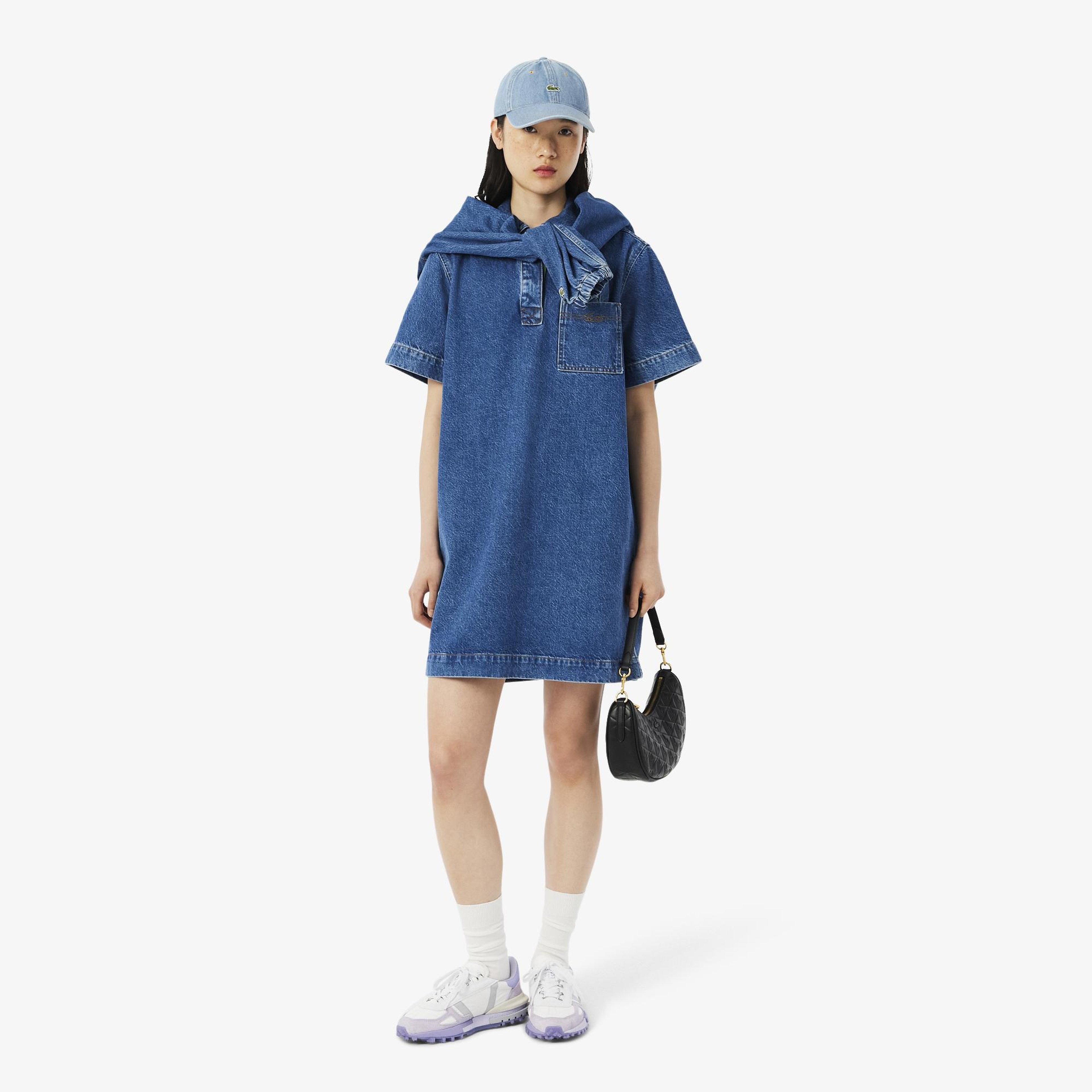Kadın Oversize Fit Kısa Kollu Polo Yaka Denim Mavi Elbise
