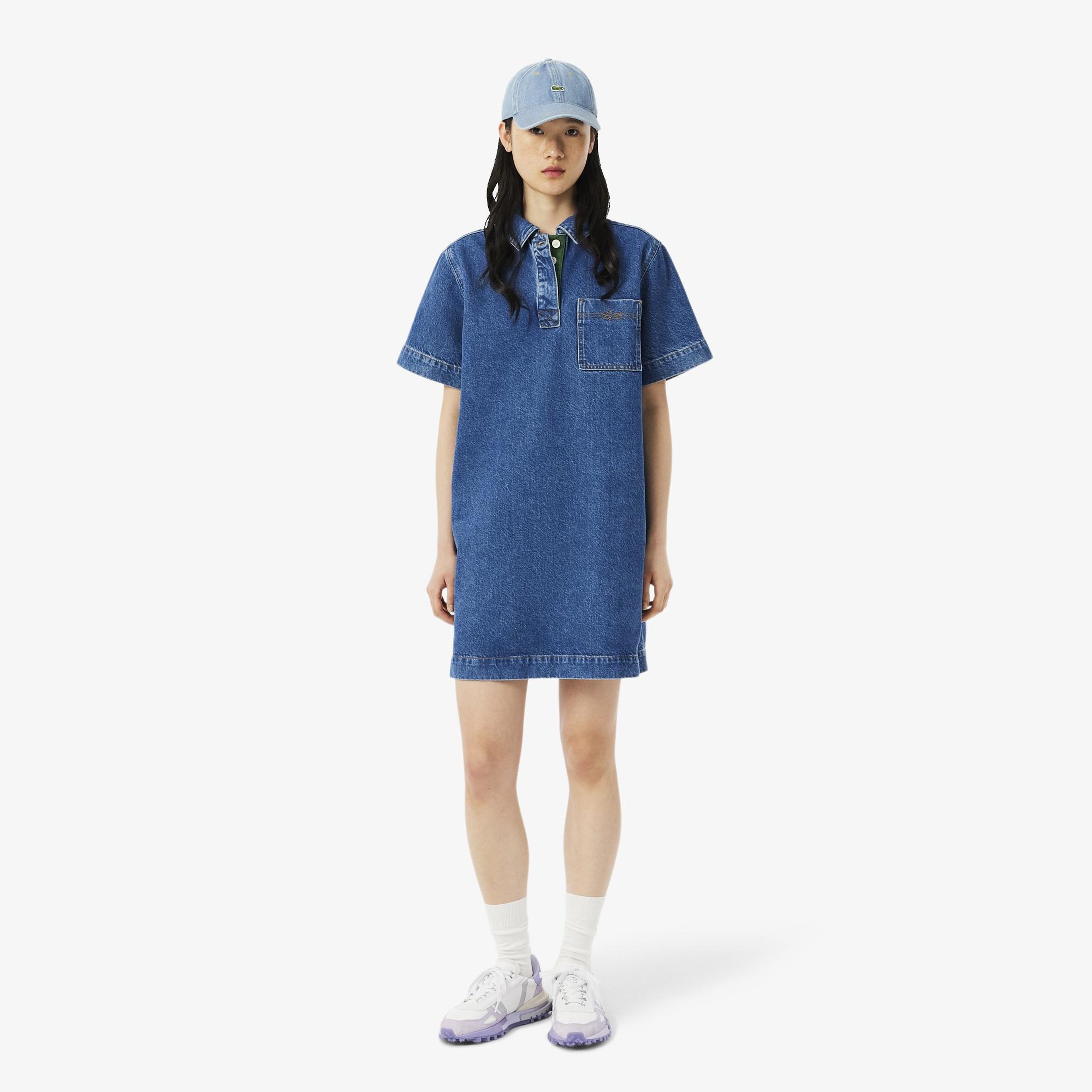 Kadın Oversize Fit Kısa Kollu Polo Yaka Denim Mavi Elbise