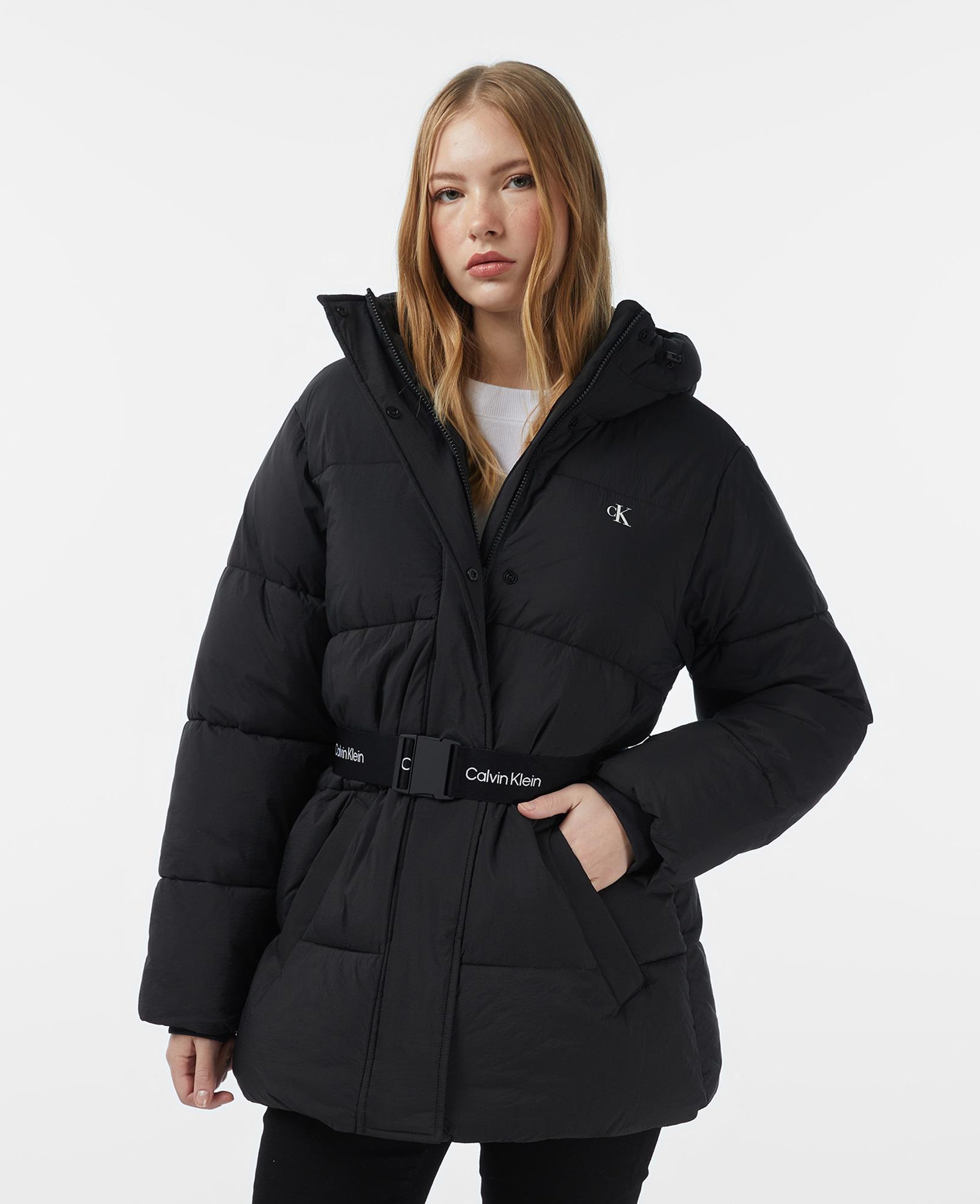 Calvin Klein Belted Midweight Puffer Kadın Siyah Mont
