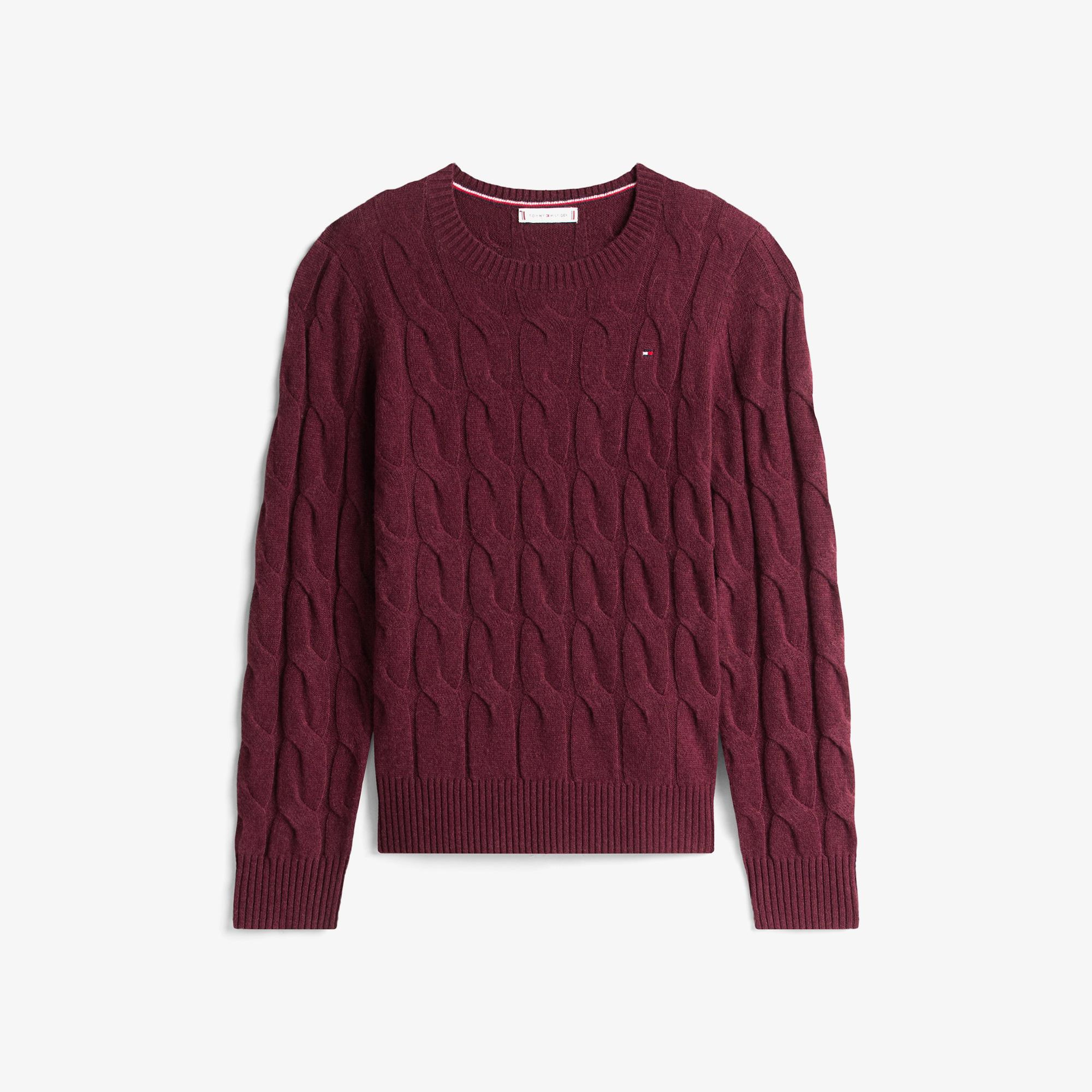 Tommy Hilfiger Soft Wool Cable Kadın Bordo Kazak