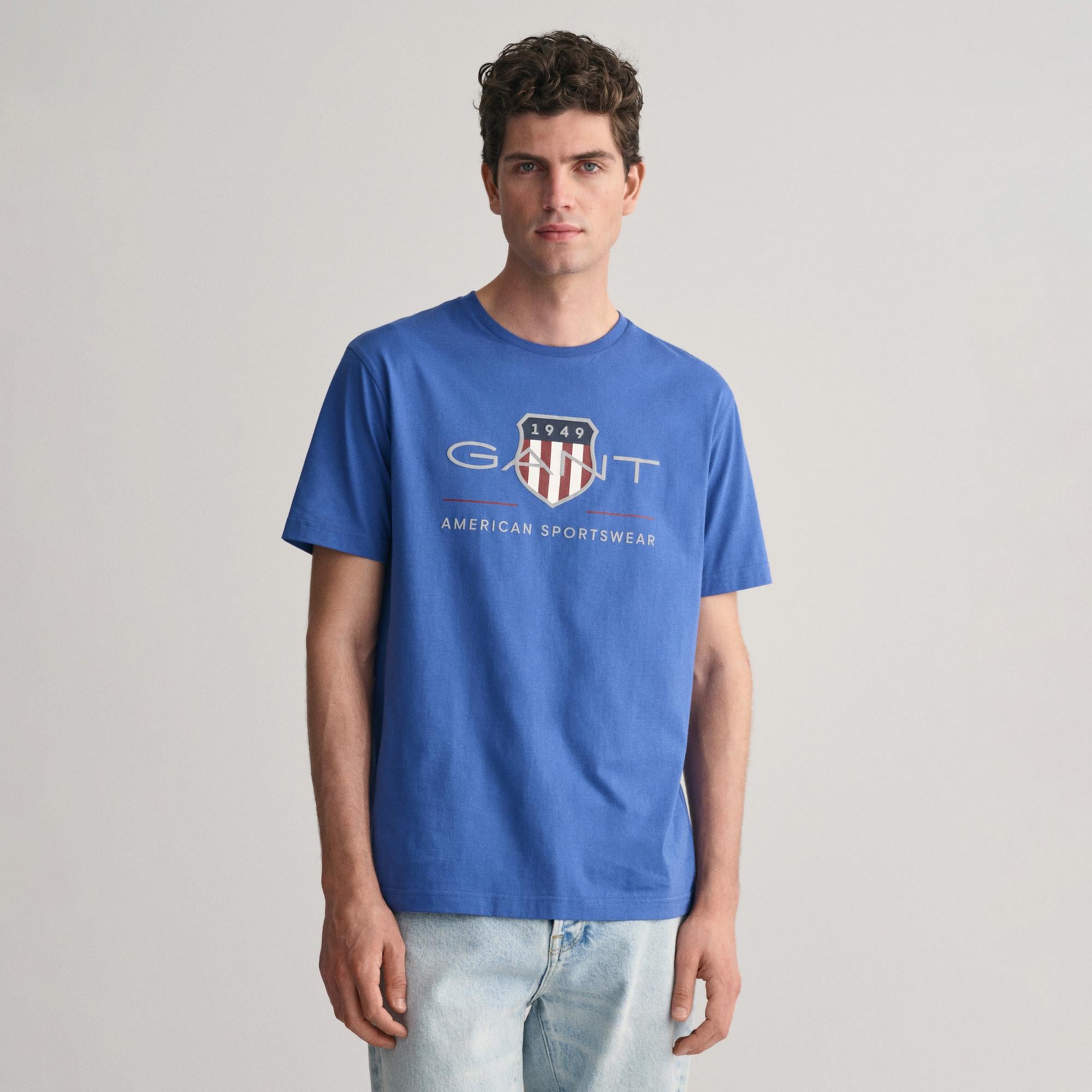 GANT Erkek Mavi Regular Fit Bisiklet Yaka Logolu T-Shirt