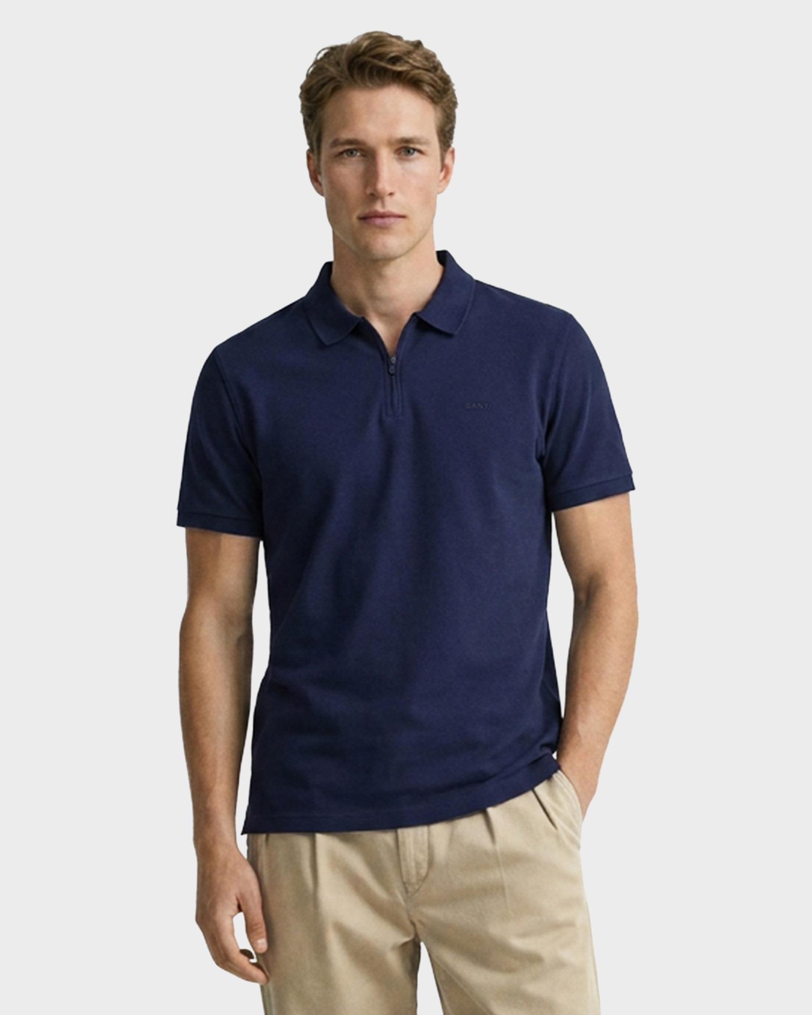 GANT Erkek Lacivert Regular Fit Yarım Fermuarlı Polo Yaka T-Shirt