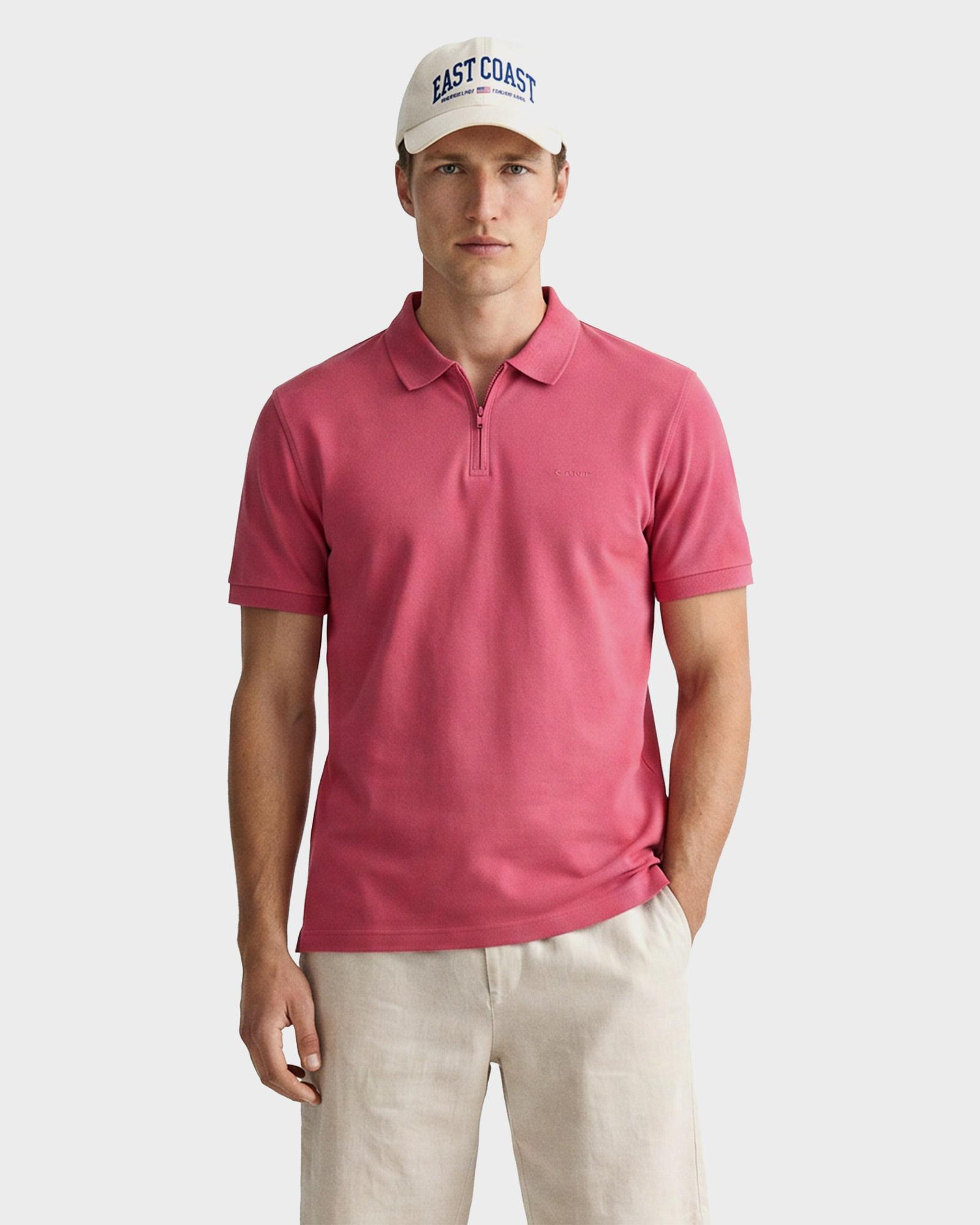 GANT Erkek Kırmızı Regular Fit Yarım Fermuarlı Polo Yaka T-Shirt