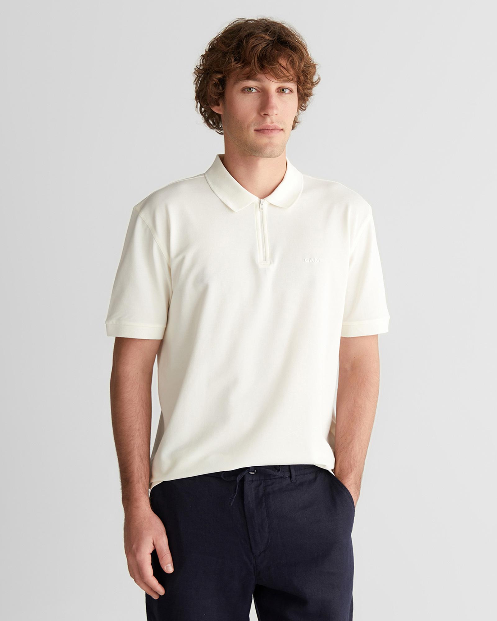 GANT Erkek Beyaz Regular Fit Yarım Fermuarlı Polo Yaka T-Shirt
