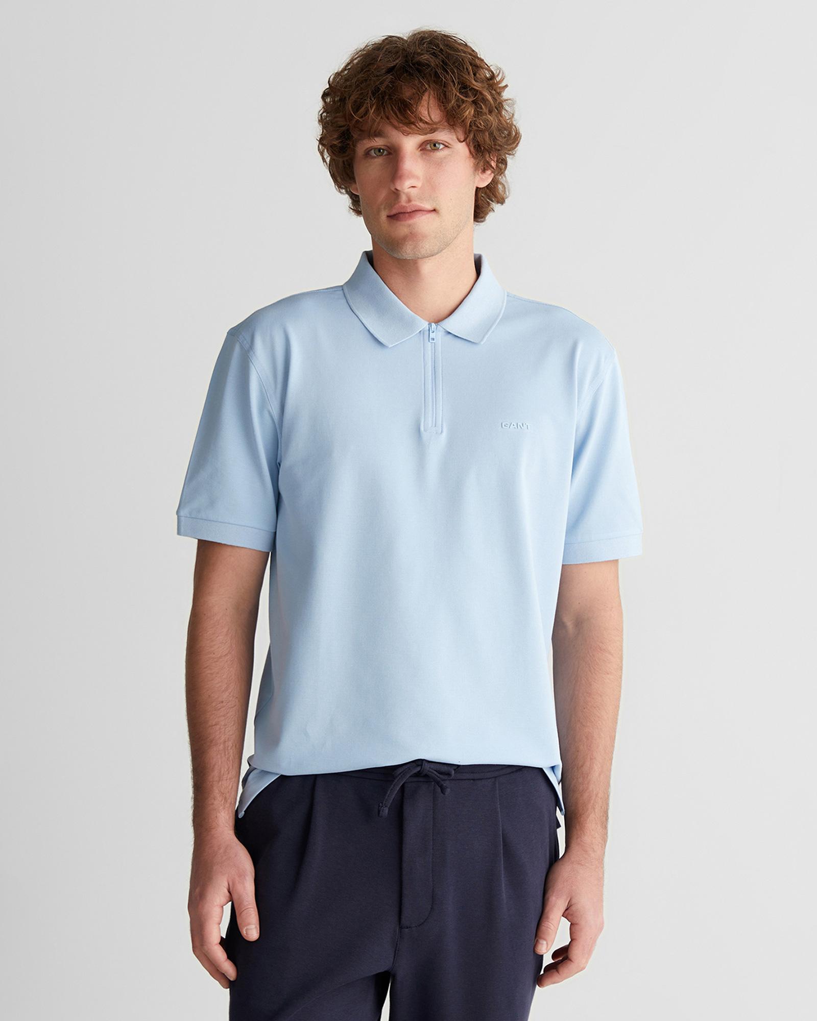 GANT Erkek Mavi Regular Fit Yarım Fermuarlı Polo Yaka T-Shirt