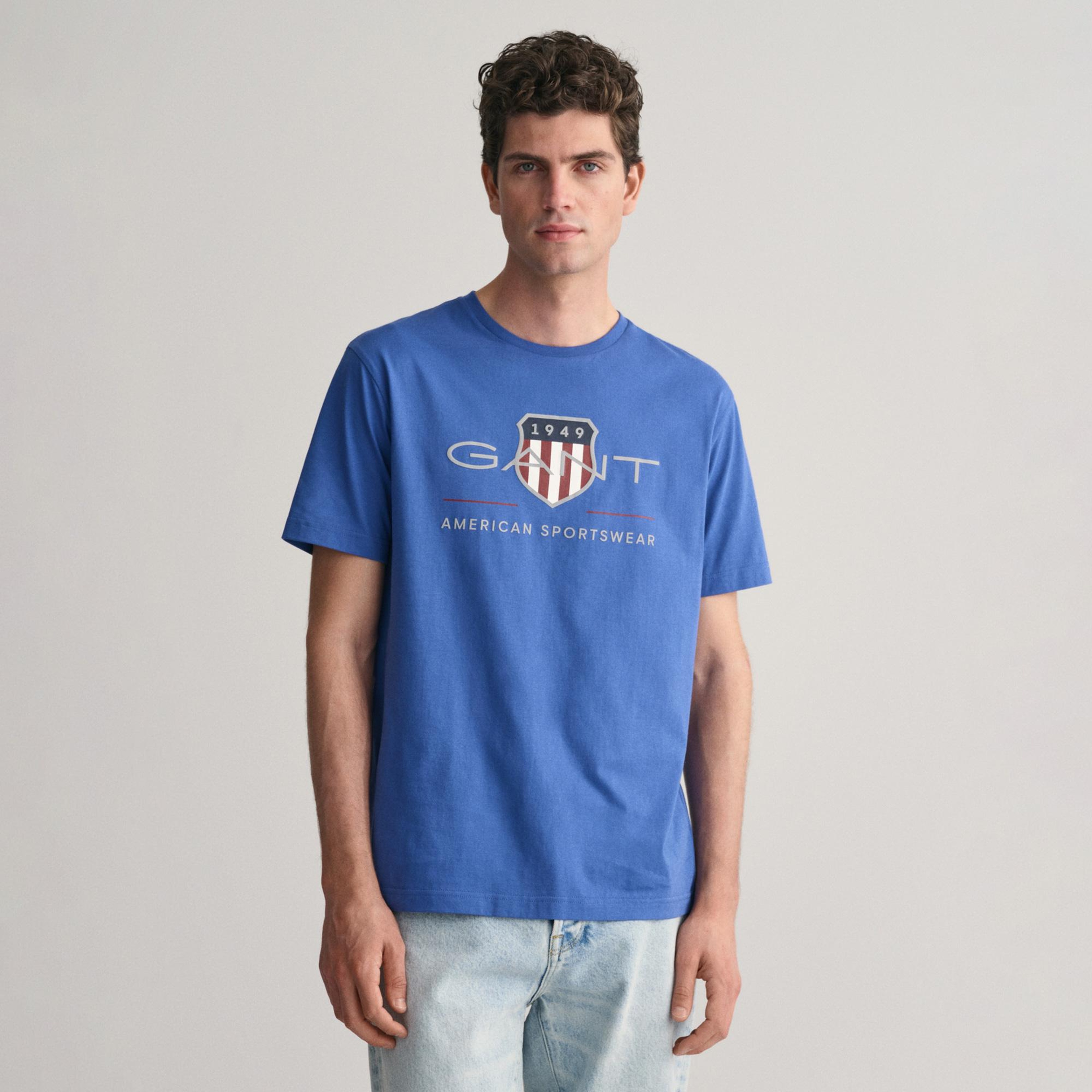 GANT Erkek Mavi Regular Fit Bisiklet Yaka Logolu T-Shirt