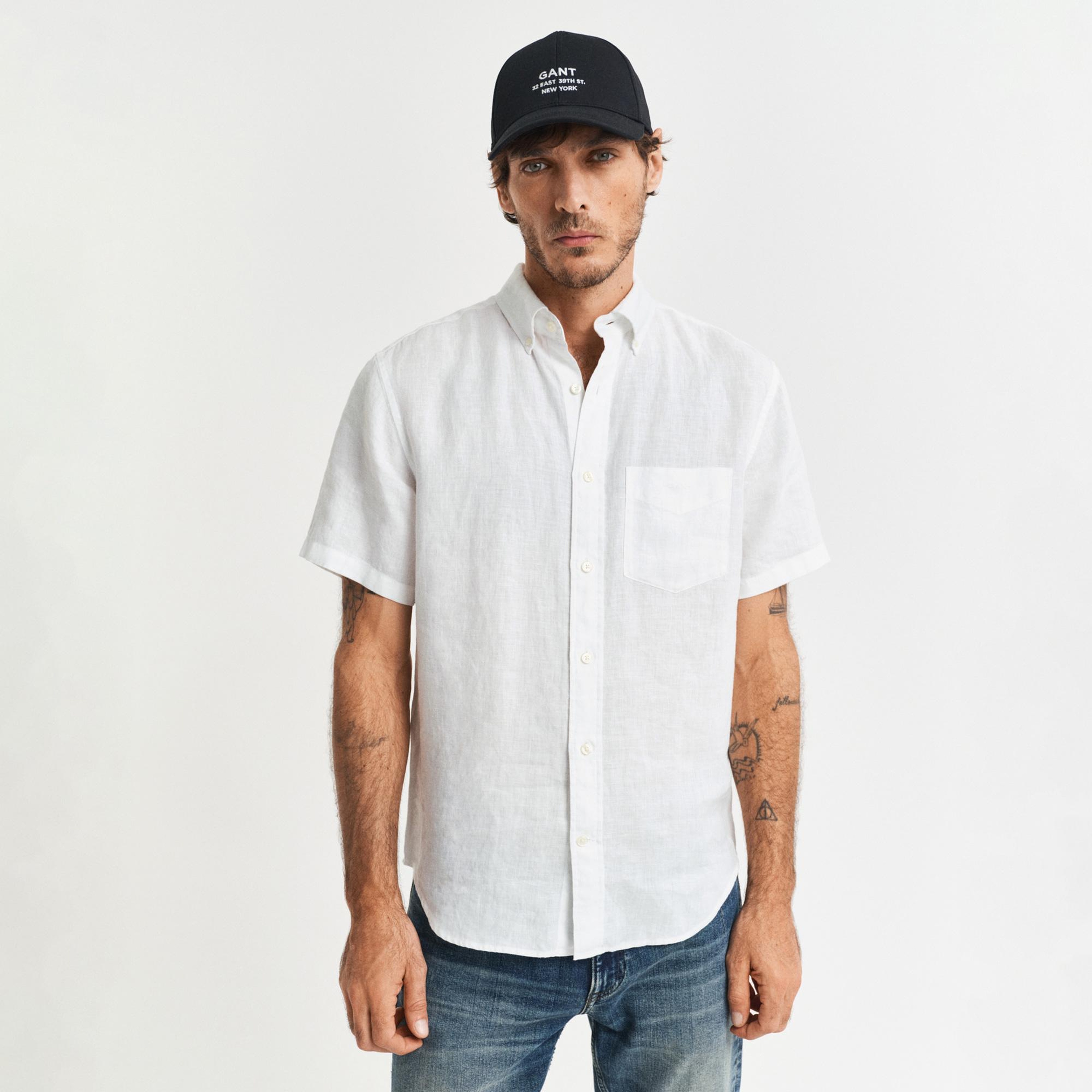 GANT Erkek Beyaz Regular Fit Düğmeli Yaka Keten Gömlek