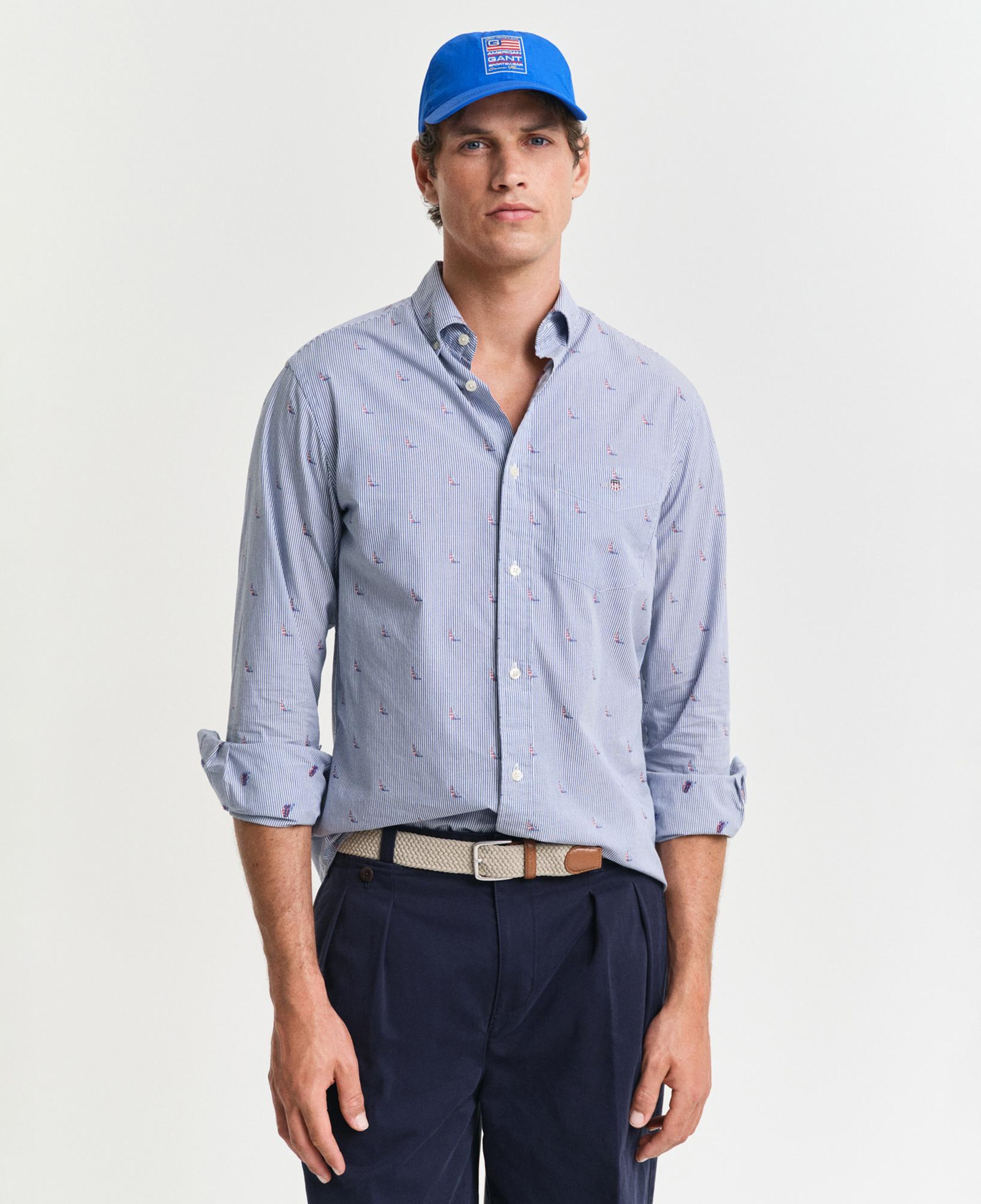 GANT Erkek Mavi Regular Fit Düğmeli Yaka Çizgili Gömlek