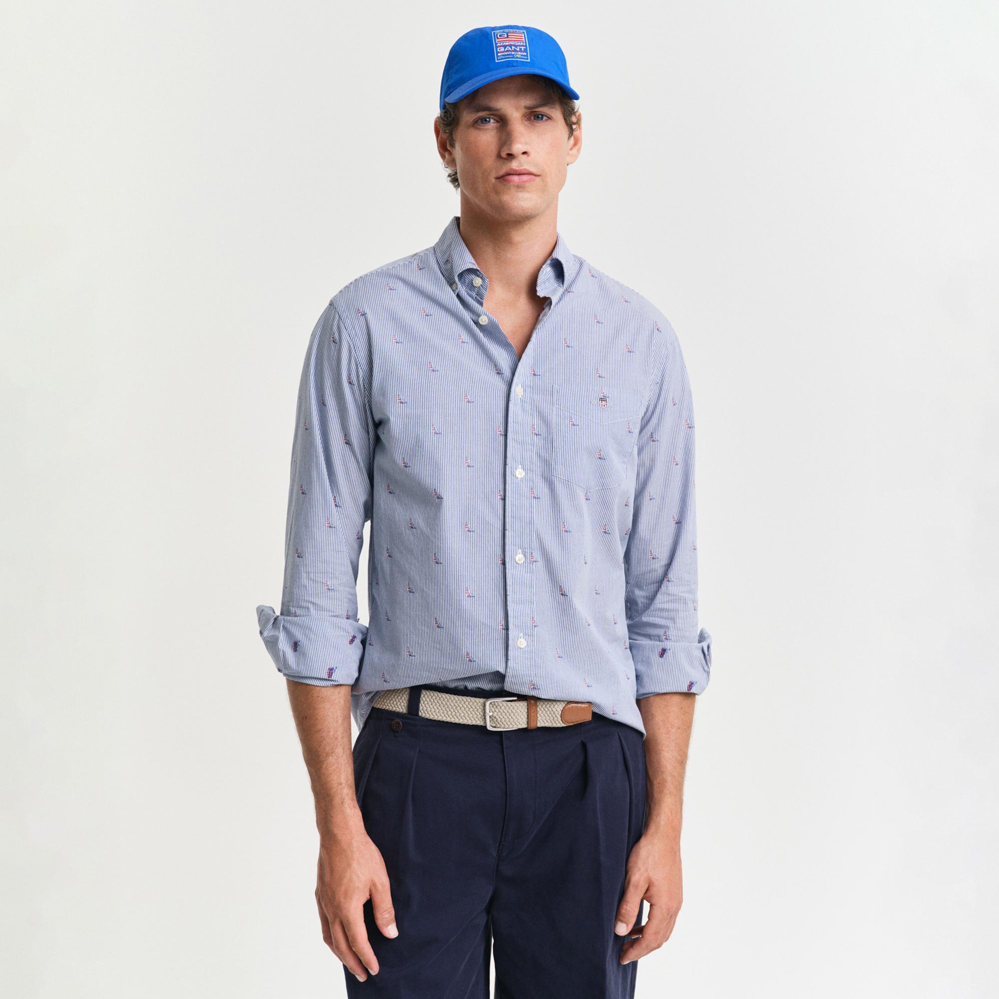 GANT Erkek Mavi Regular Fit Düğmeli Yaka Çizgili Gömlek