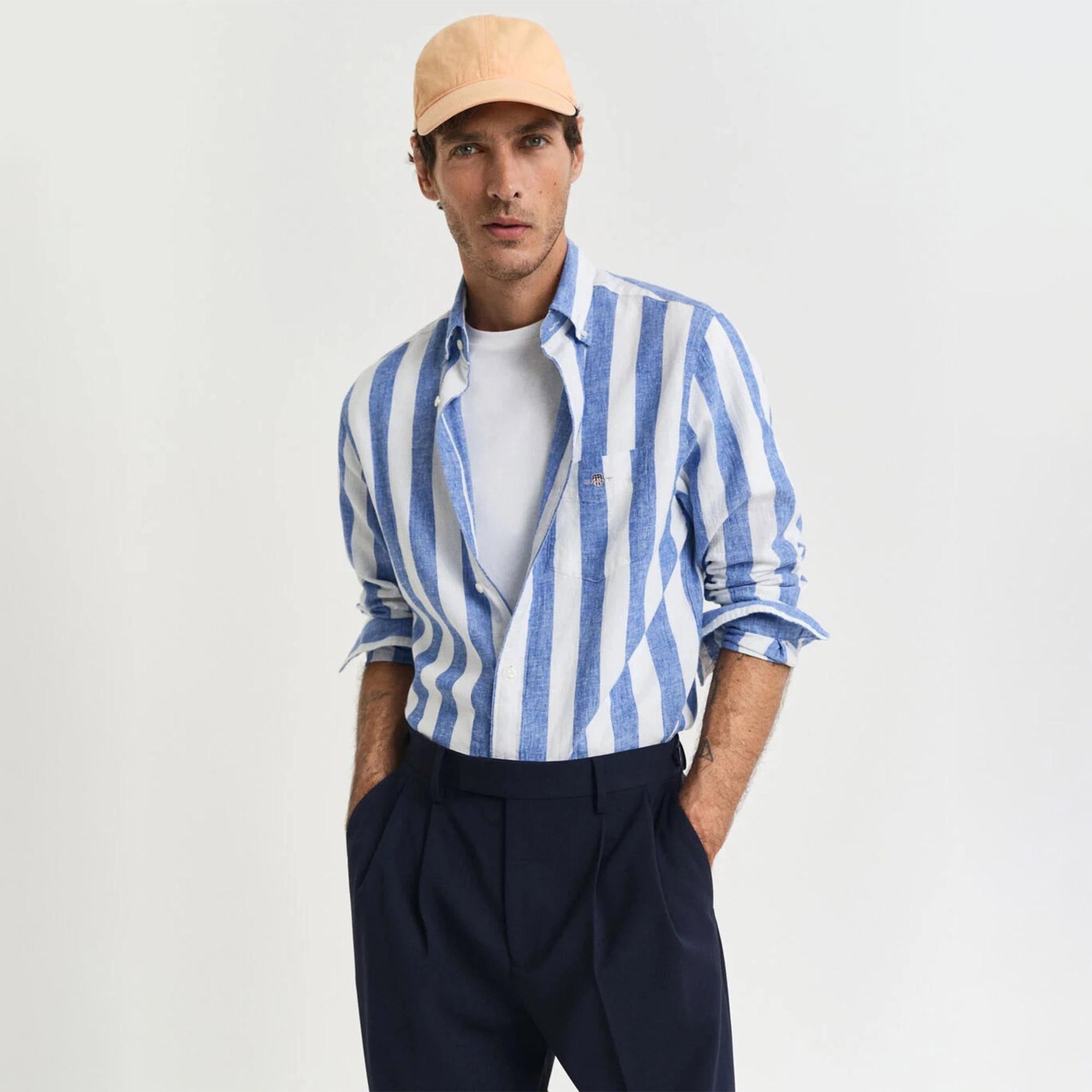 GANT Erkek Mavi Regular Fit Düğmeli Yaka Çizgili Gömlek