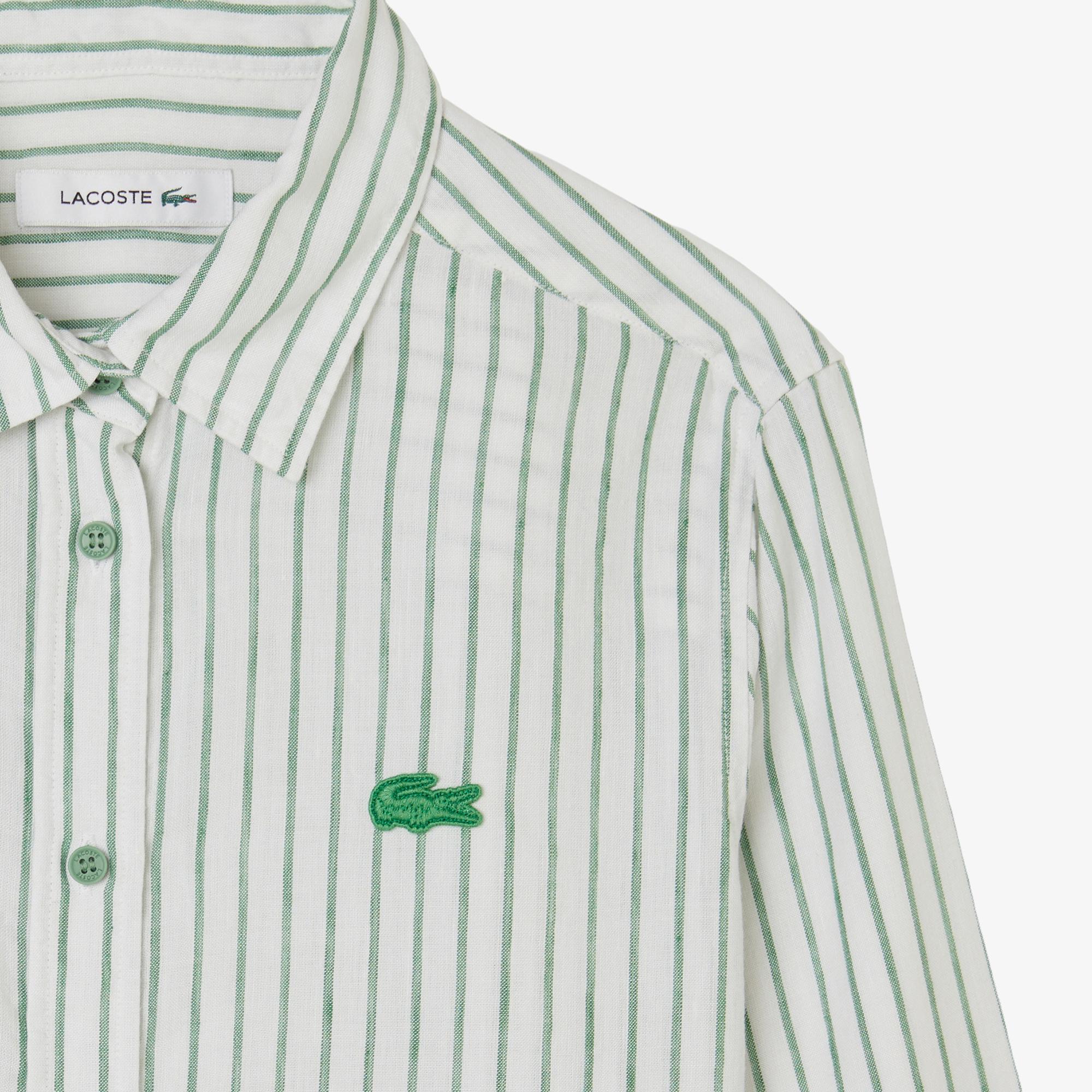 Kadın Relaxed Fit Keten Çizgili Yeşil Gömlek