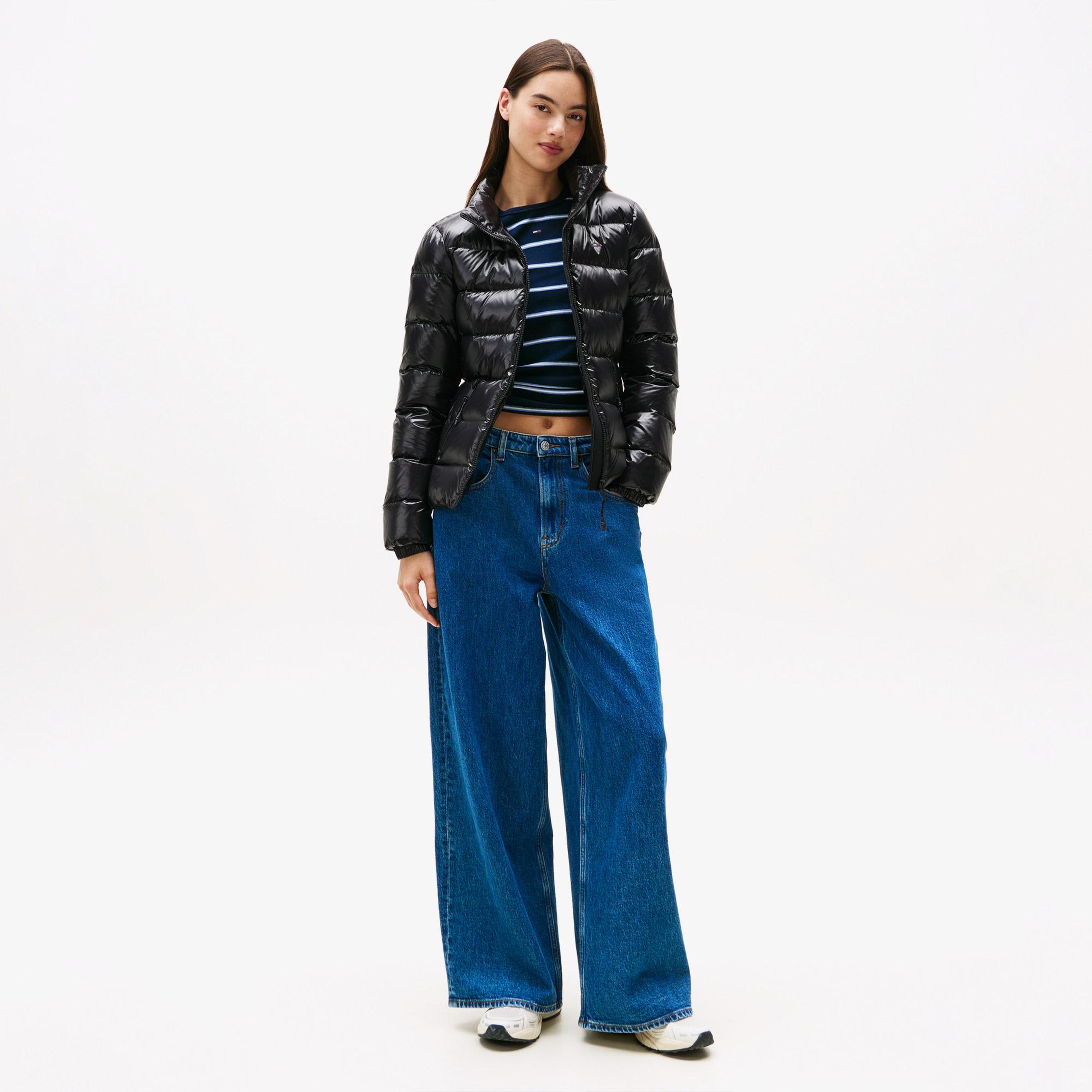Tommy Jeans Slim Zip Print Down Kadın Puffer Siyah Mont