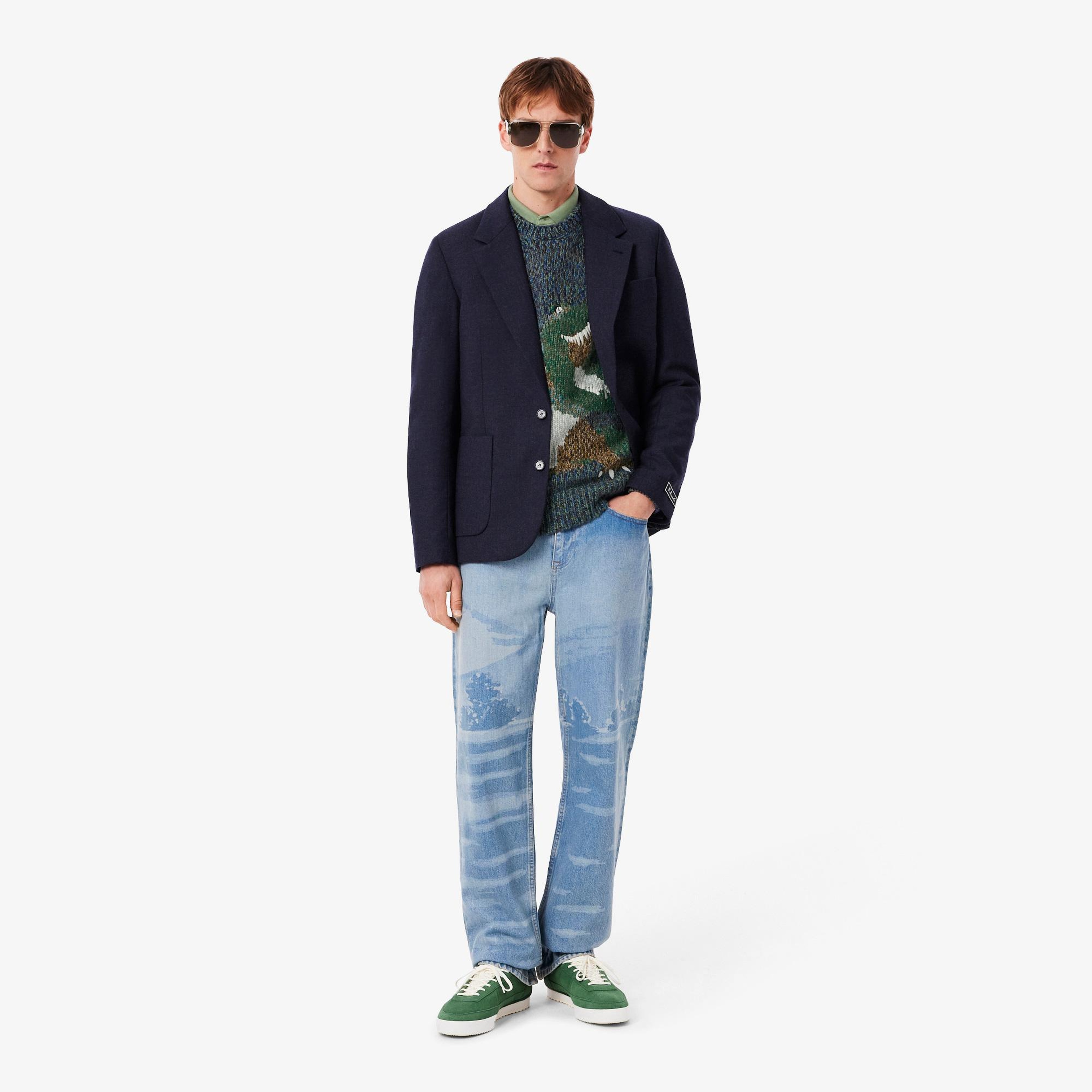 Erkek Classic Fit Bisiklet Yaka Desenli Lacivert Kazak