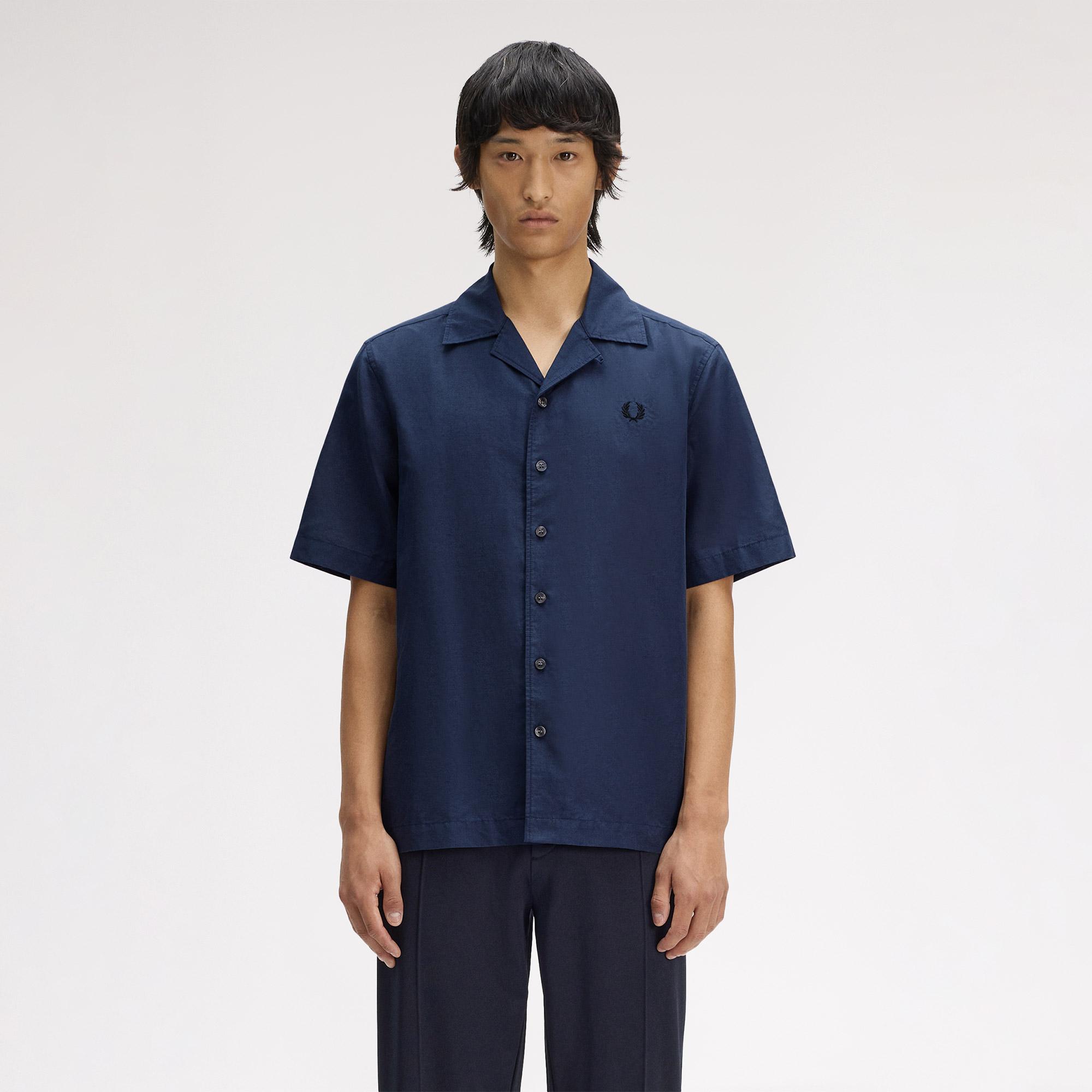 Fred Perry Keten Karışımlı Revere Collar Erkek Koyu Mavi Gömlek