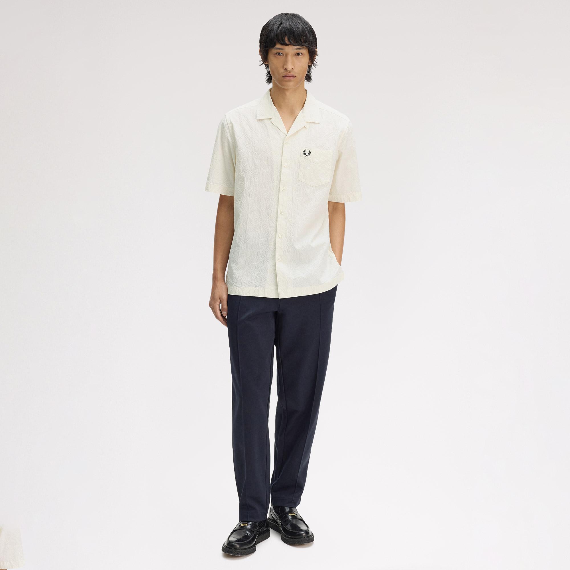 Fred Perry Seersucker Revere Collar Erkek Krem Gömlek