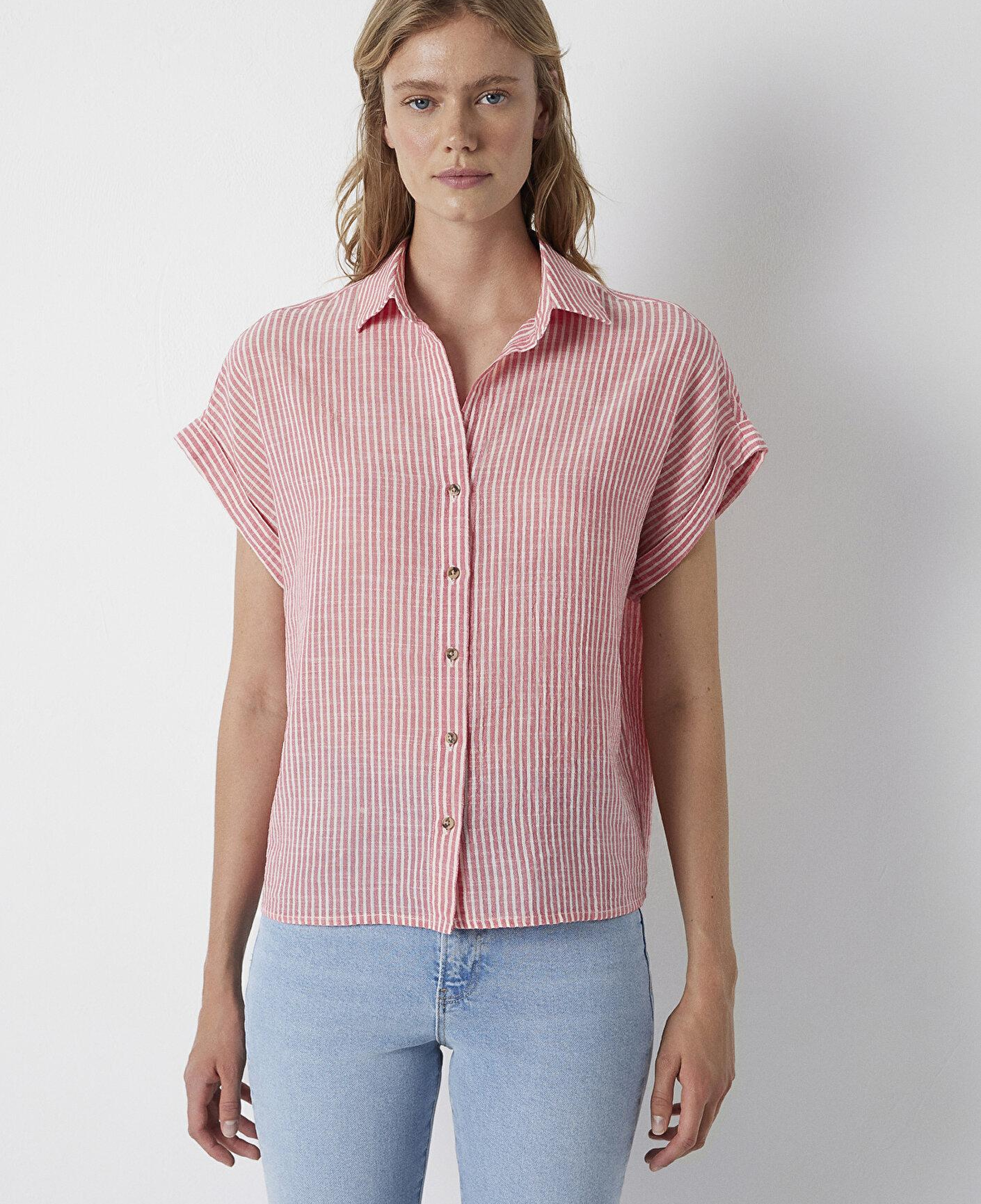 Mavi Kol Detaylı Çizgili Mavi Gömlek Loose Fit / Bol Rahat Kesim 1210445-90719