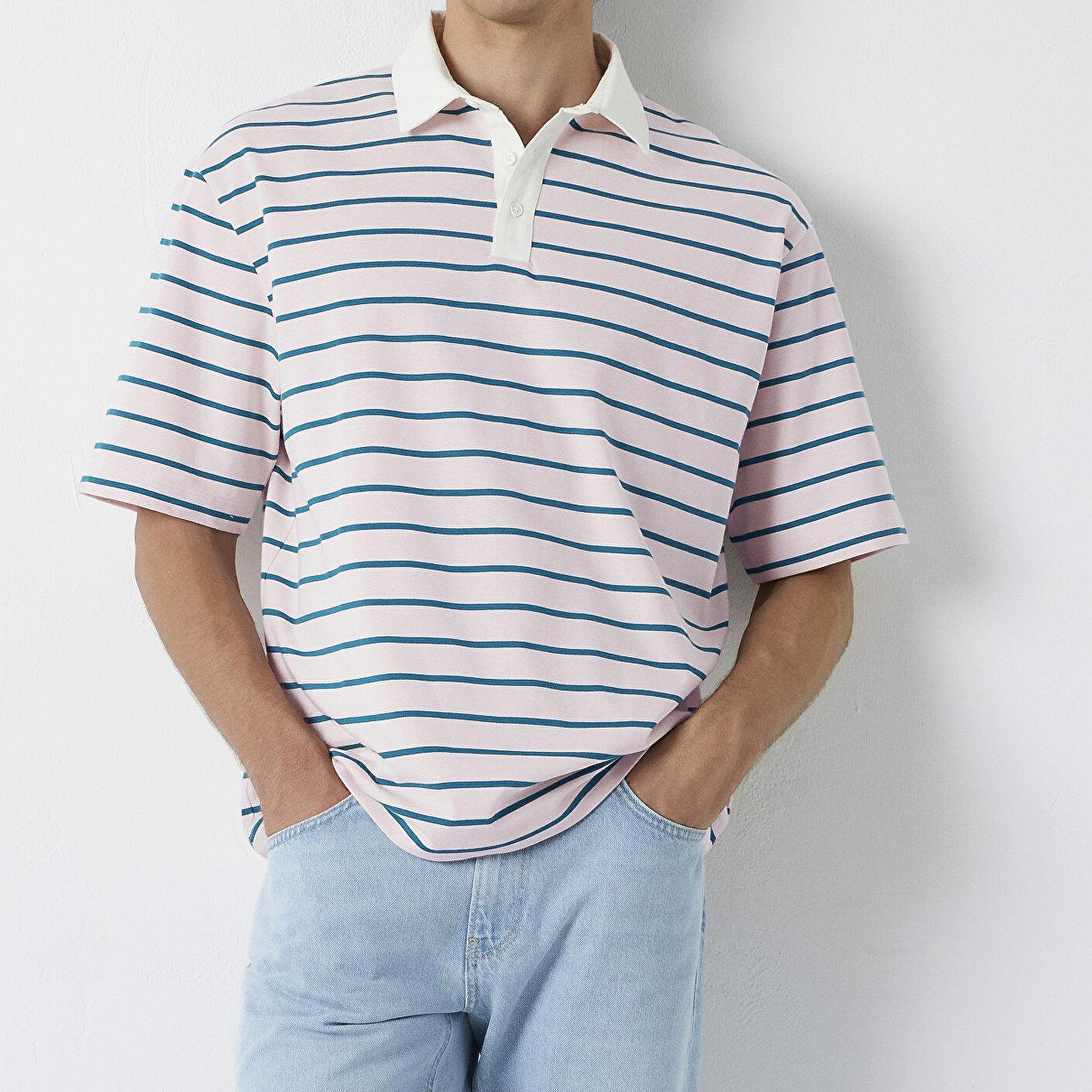 Mavi Yeşil Çizgili Açık Pembe Polo Tişört Relaxed Fit / Rahat Kesim 0613325-70990