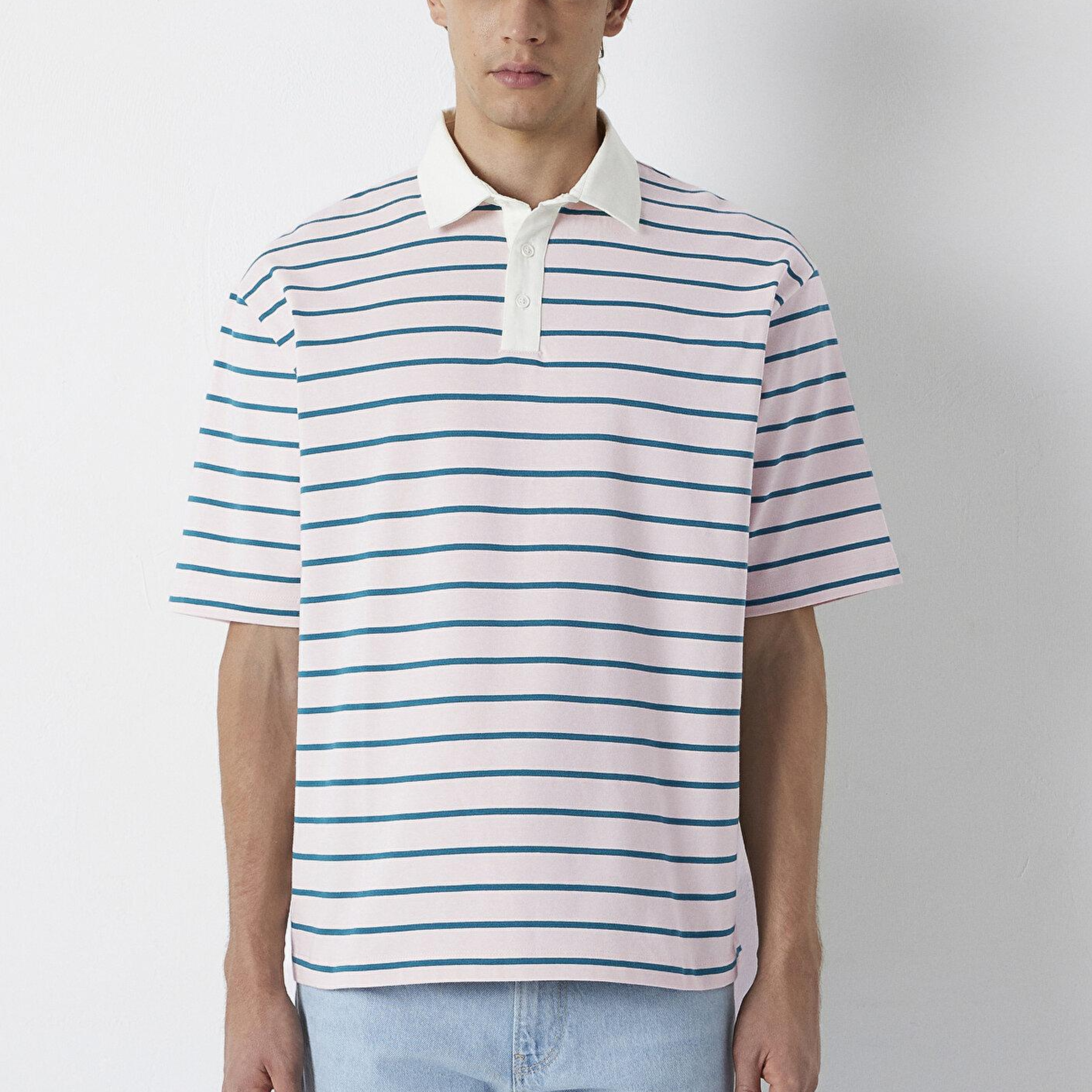 Mavi Yeşil Çizgili Açık Pembe Polo Tişört Relaxed Fit / Rahat Kesim 0613325-70990