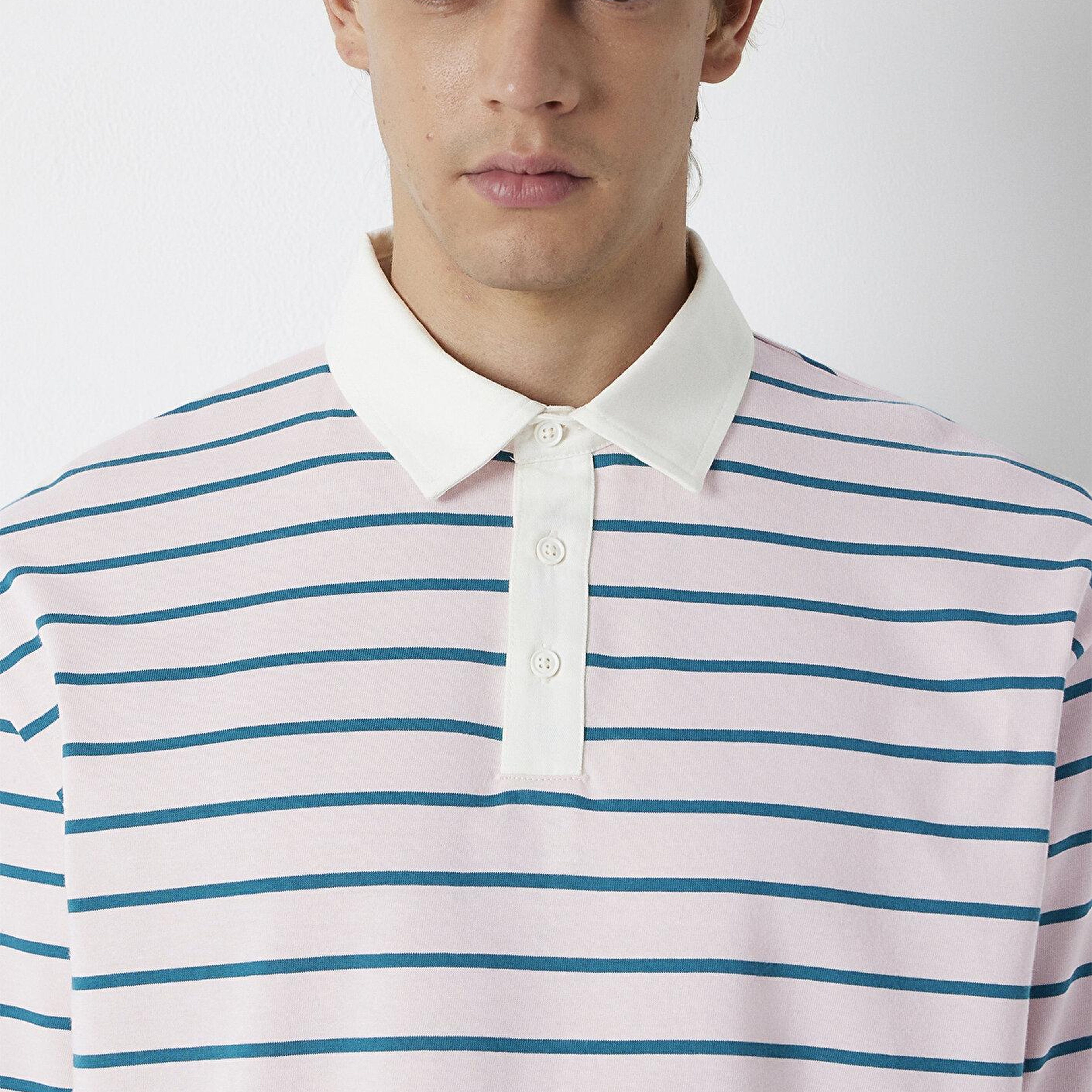 Mavi Yeşil Çizgili Açık Pembe Polo Tişört Relaxed Fit / Rahat Kesim 0613325-70990