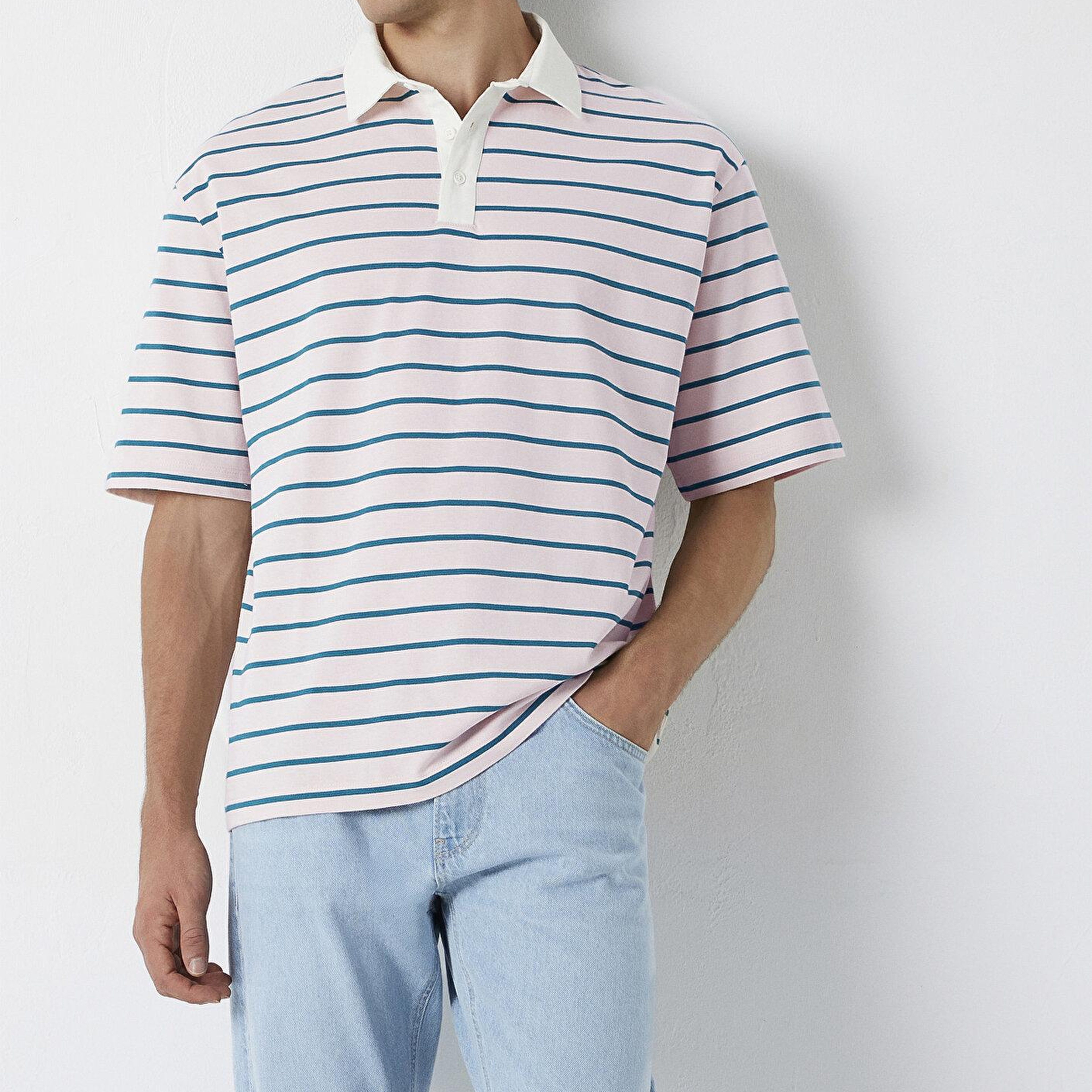 Mavi Yeşil Çizgili Açık Pembe Polo Tişört Relaxed Fit / Rahat Kesim 0613325-70990