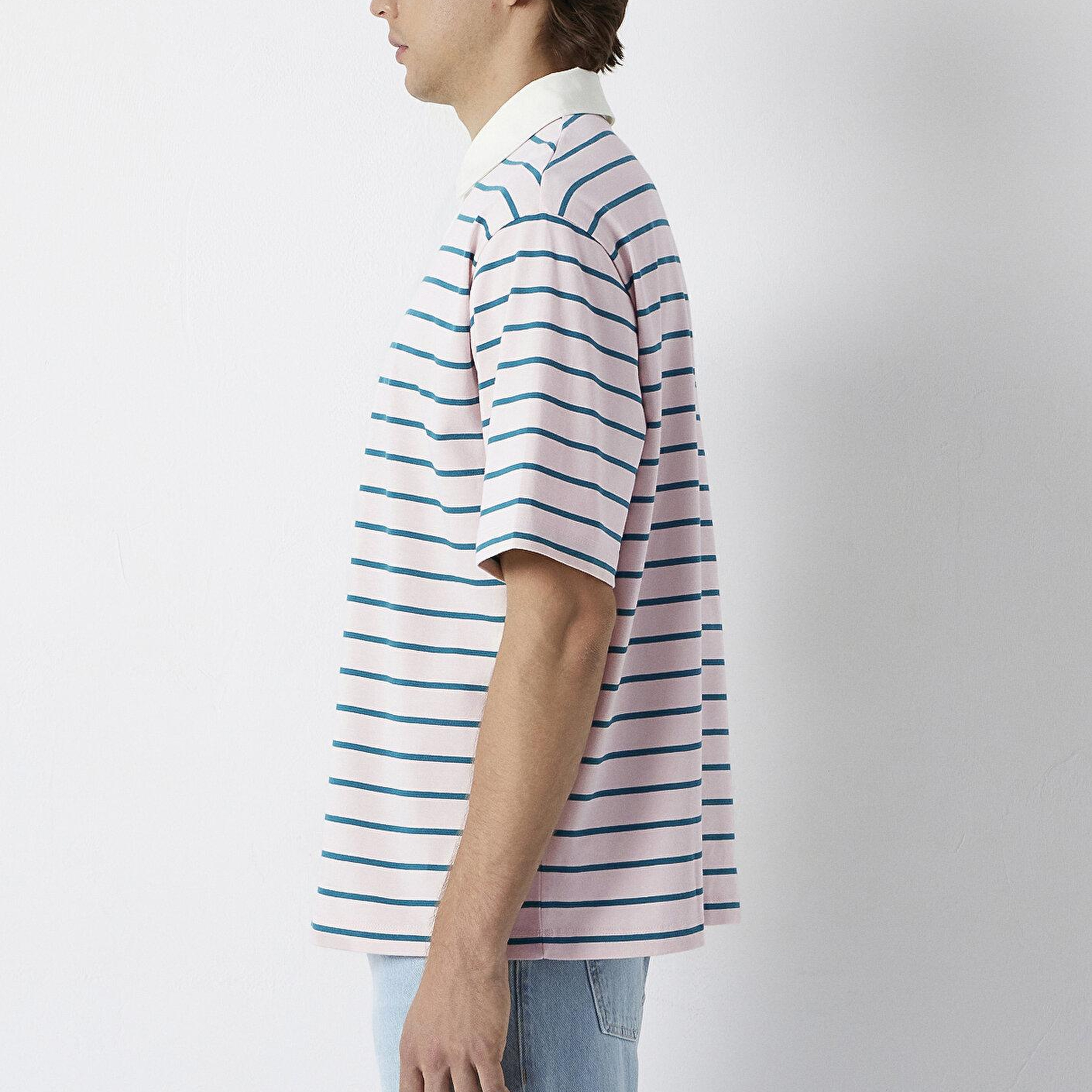 Mavi Yeşil Çizgili Açık Pembe Polo Tişört Relaxed Fit / Rahat Kesim 0613325-70990