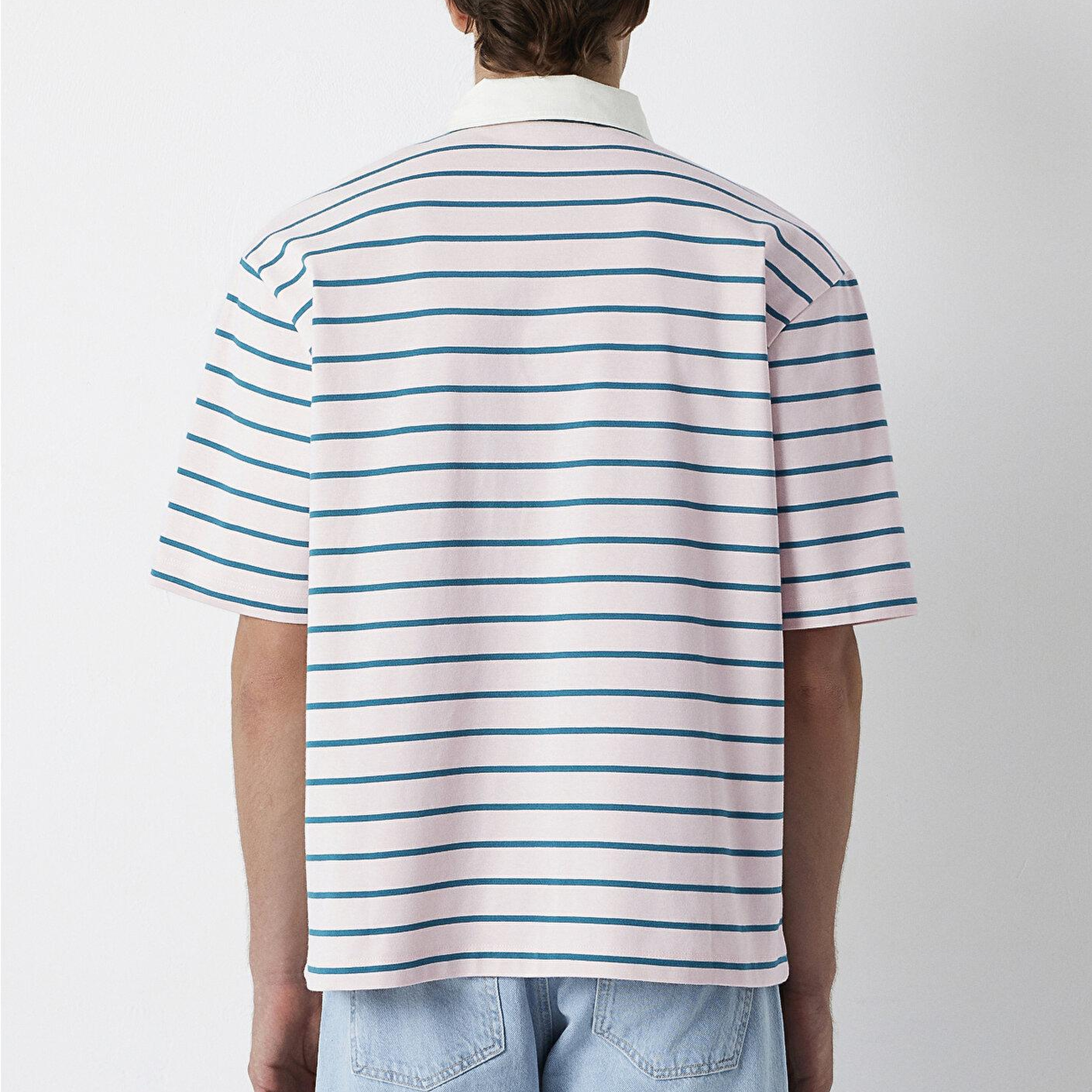 Mavi Yeşil Çizgili Açık Pembe Polo Tişört Relaxed Fit / Rahat Kesim 0613325-70990