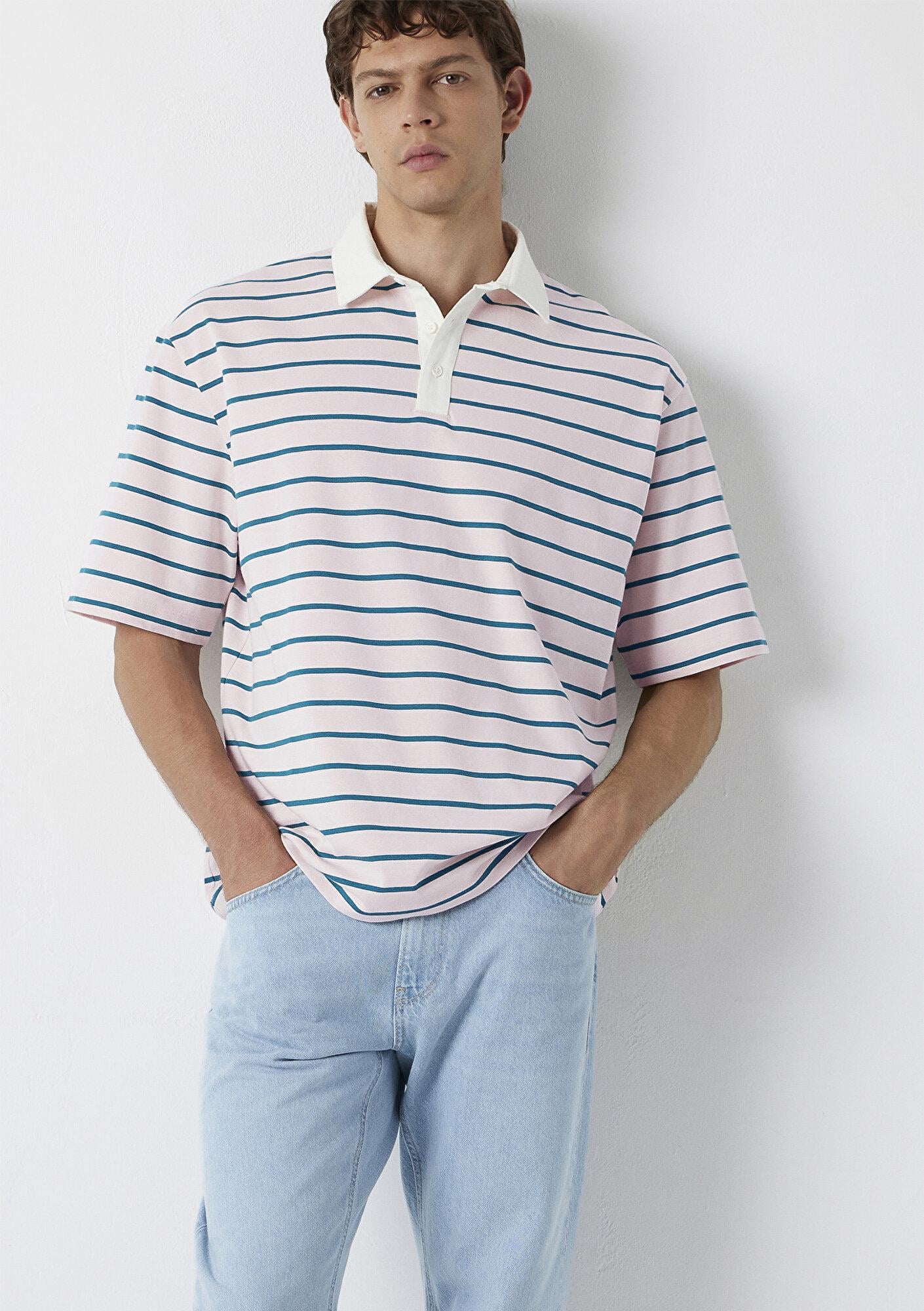 Mavi Yeşil Çizgili Açık Pembe Polo Tişört Relaxed Fit / Rahat Kesim 0613325-70990