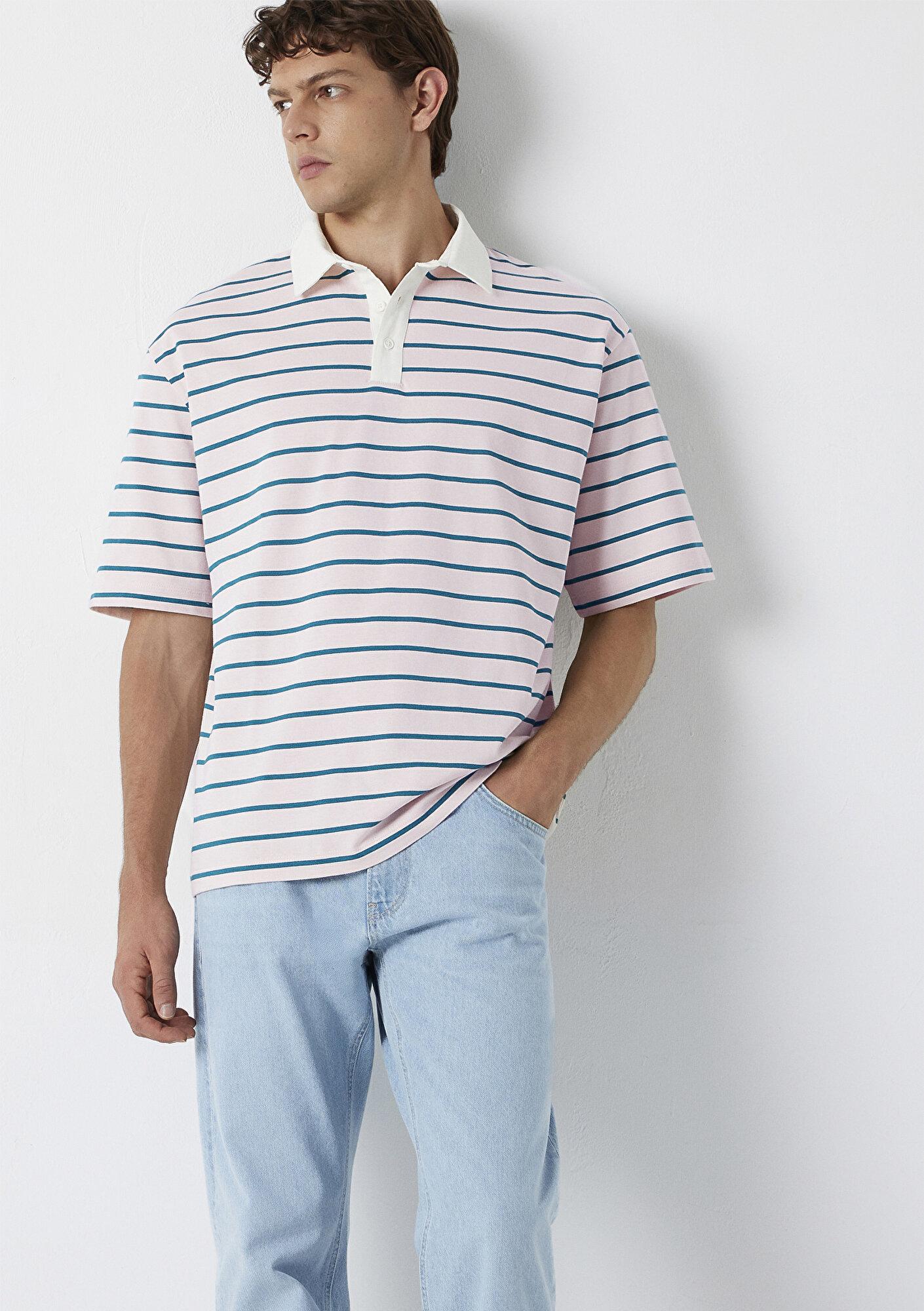 Mavi Yeşil Çizgili Açık Pembe Polo Tişört Relaxed Fit / Rahat Kesim 0613325-70990