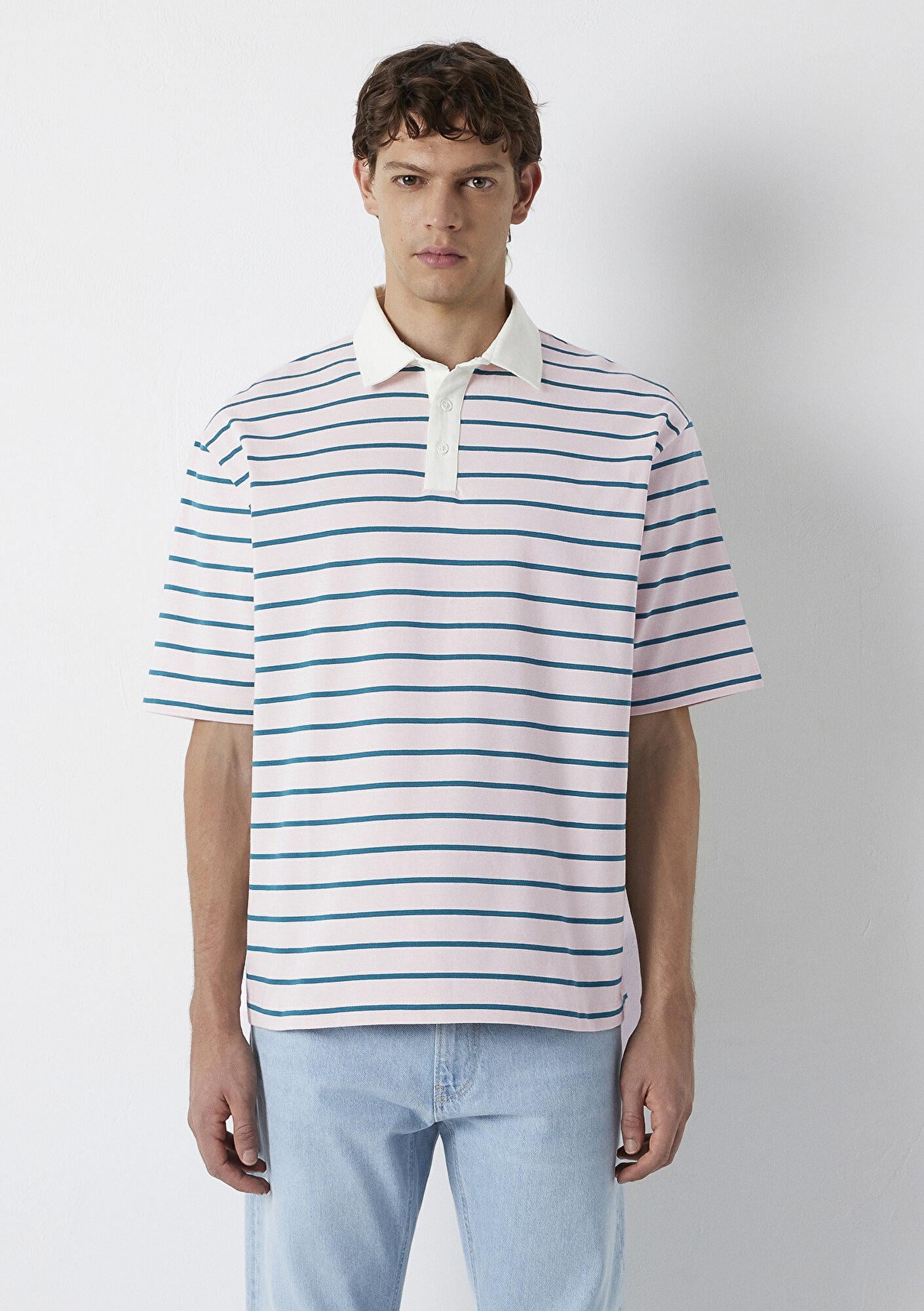 Mavi Yeşil Çizgili Açık Pembe Polo Tişört Relaxed Fit / Rahat Kesim 0613325-70990