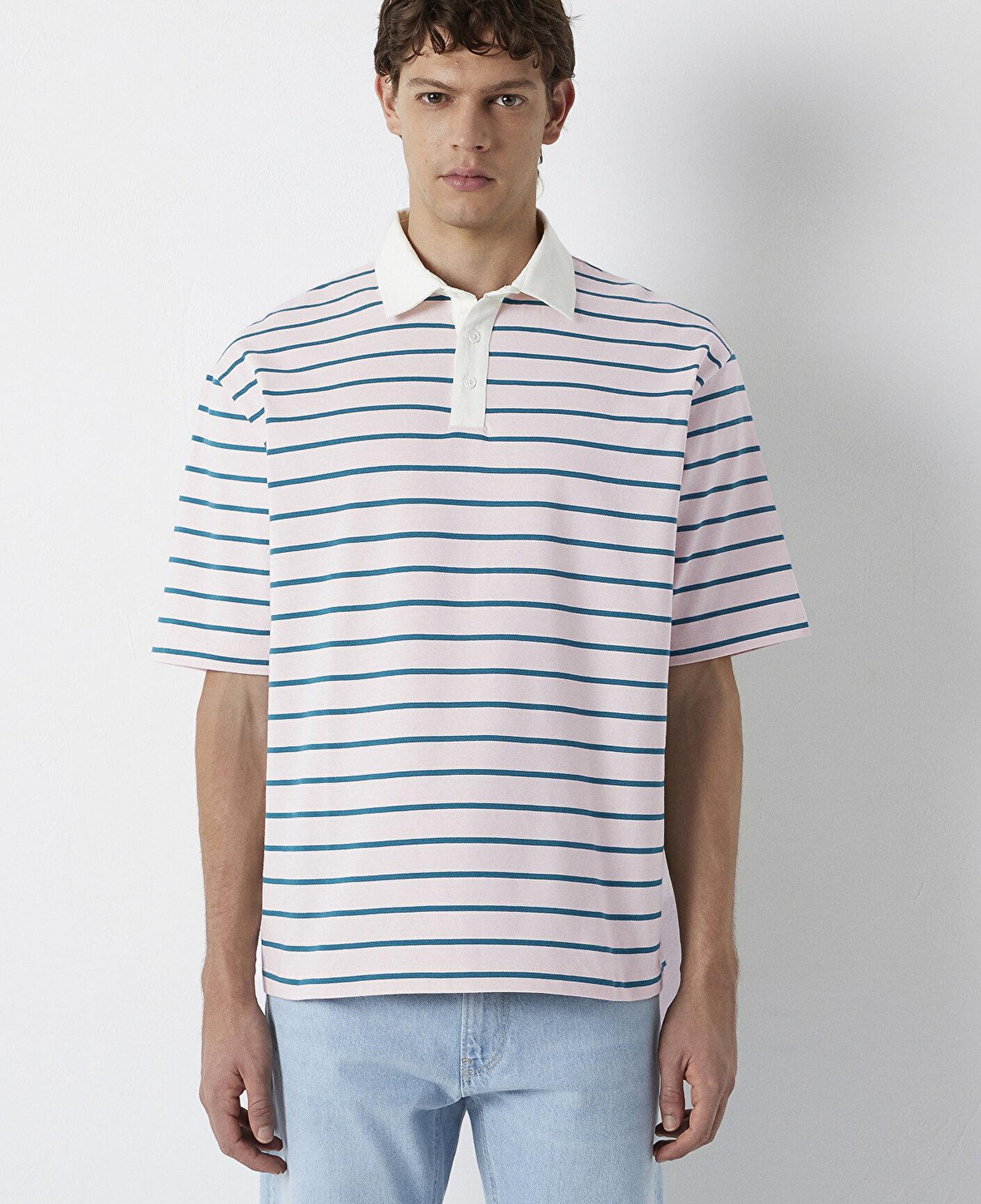 Mavi Yeşil Çizgili Açık Pembe Polo Tişört Relaxed Fit / Rahat Kesim 0613325-70990