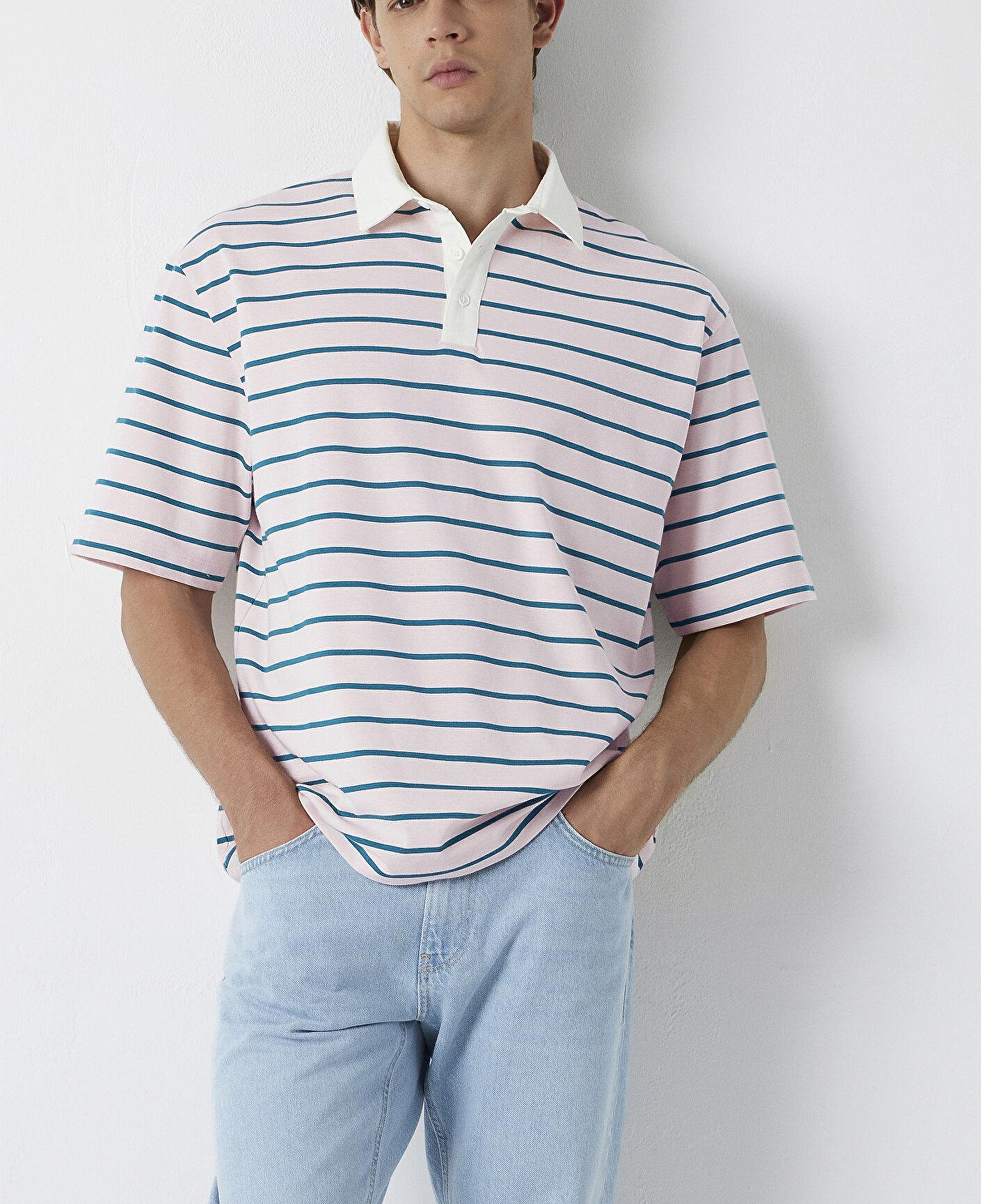 Mavi Yeşil Çizgili Açık Pembe Polo Tişört Relaxed Fit / Rahat Kesim 0613325-70990