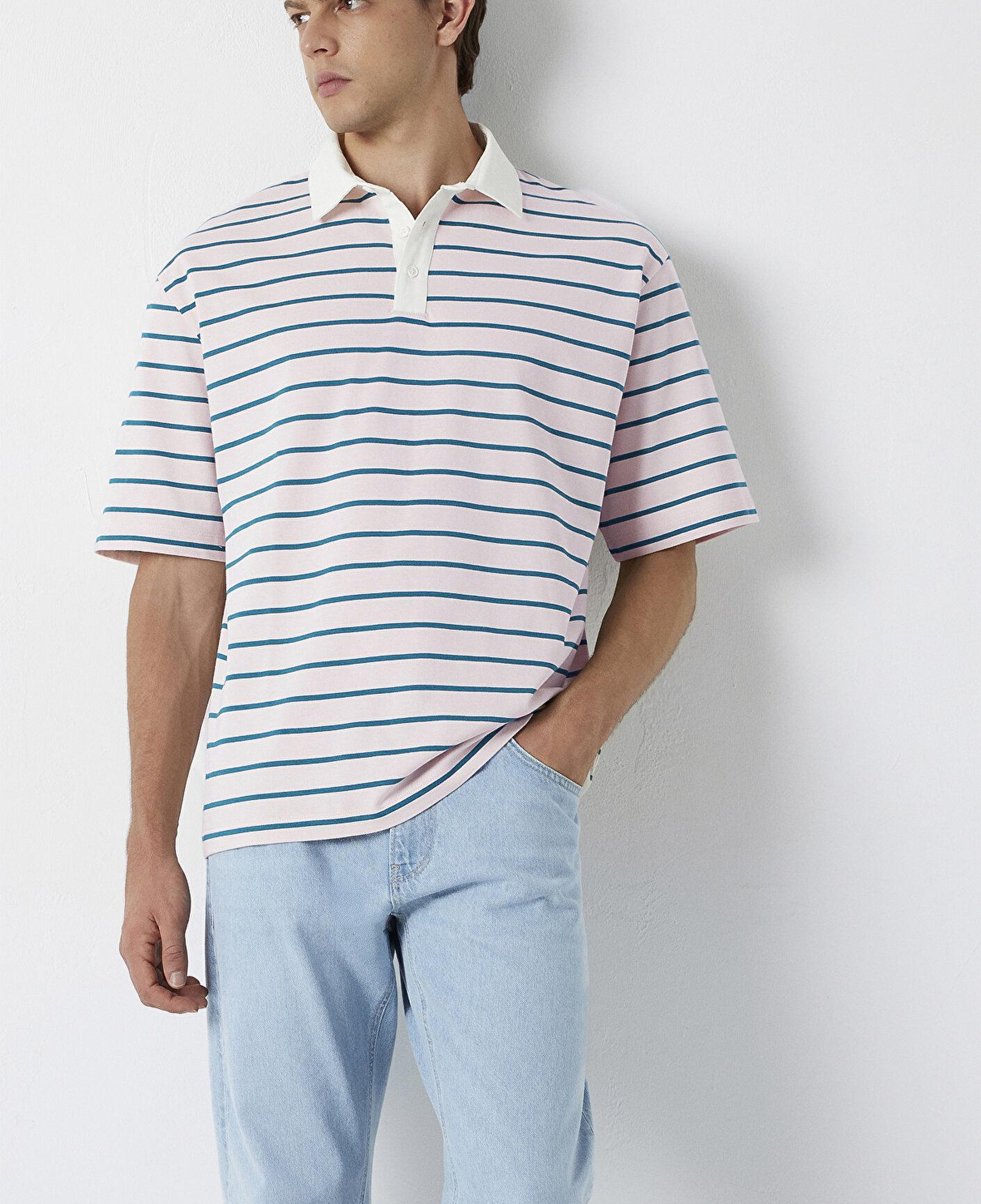Mavi Yeşil Çizgili Açık Pembe Polo Tişört Relaxed Fit / Rahat Kesim 0613325-70990