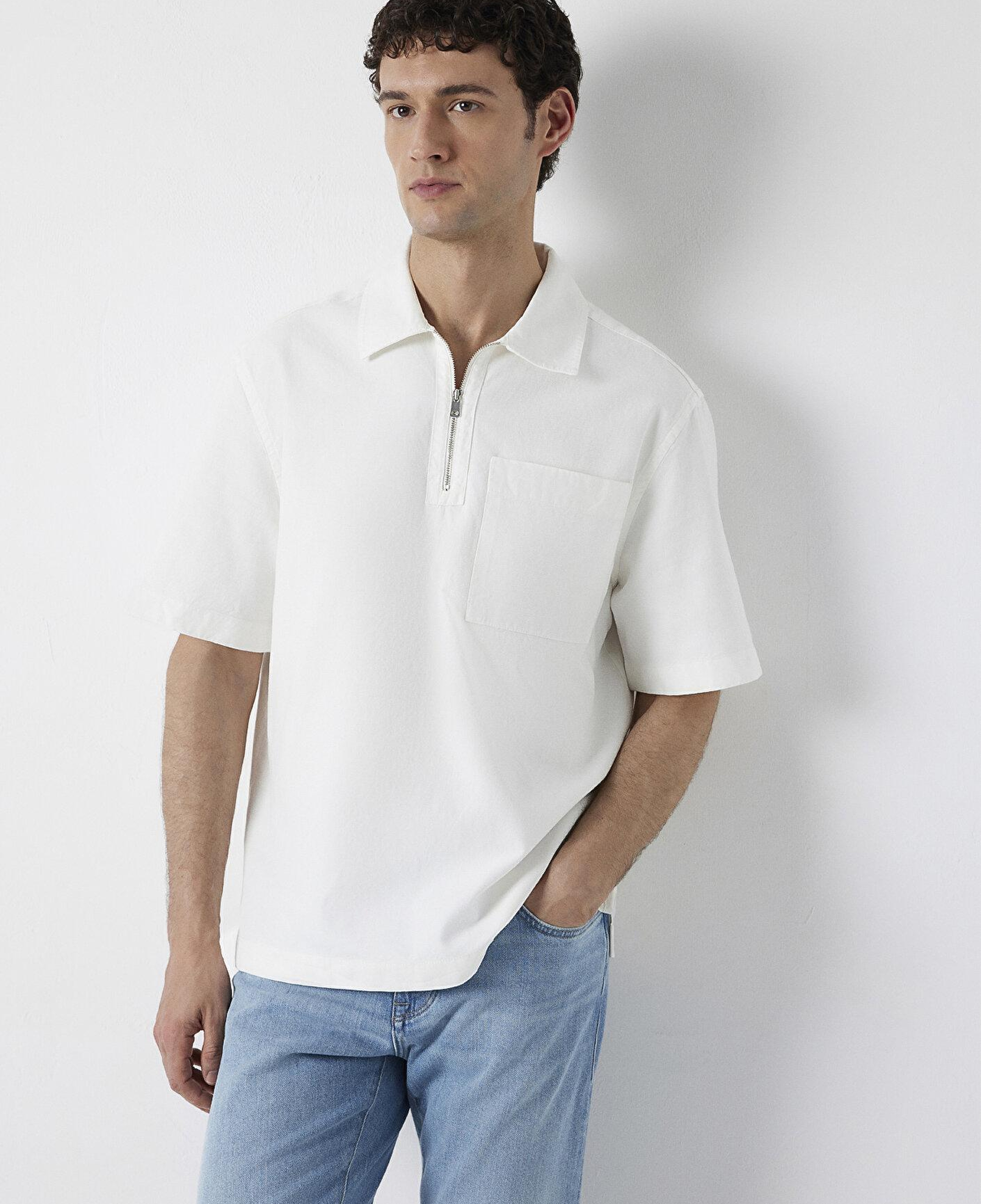 Mavi Ekru Polo Yaka Tişört Loose Fit / Bol Rahat Kesim 0211978-70057
