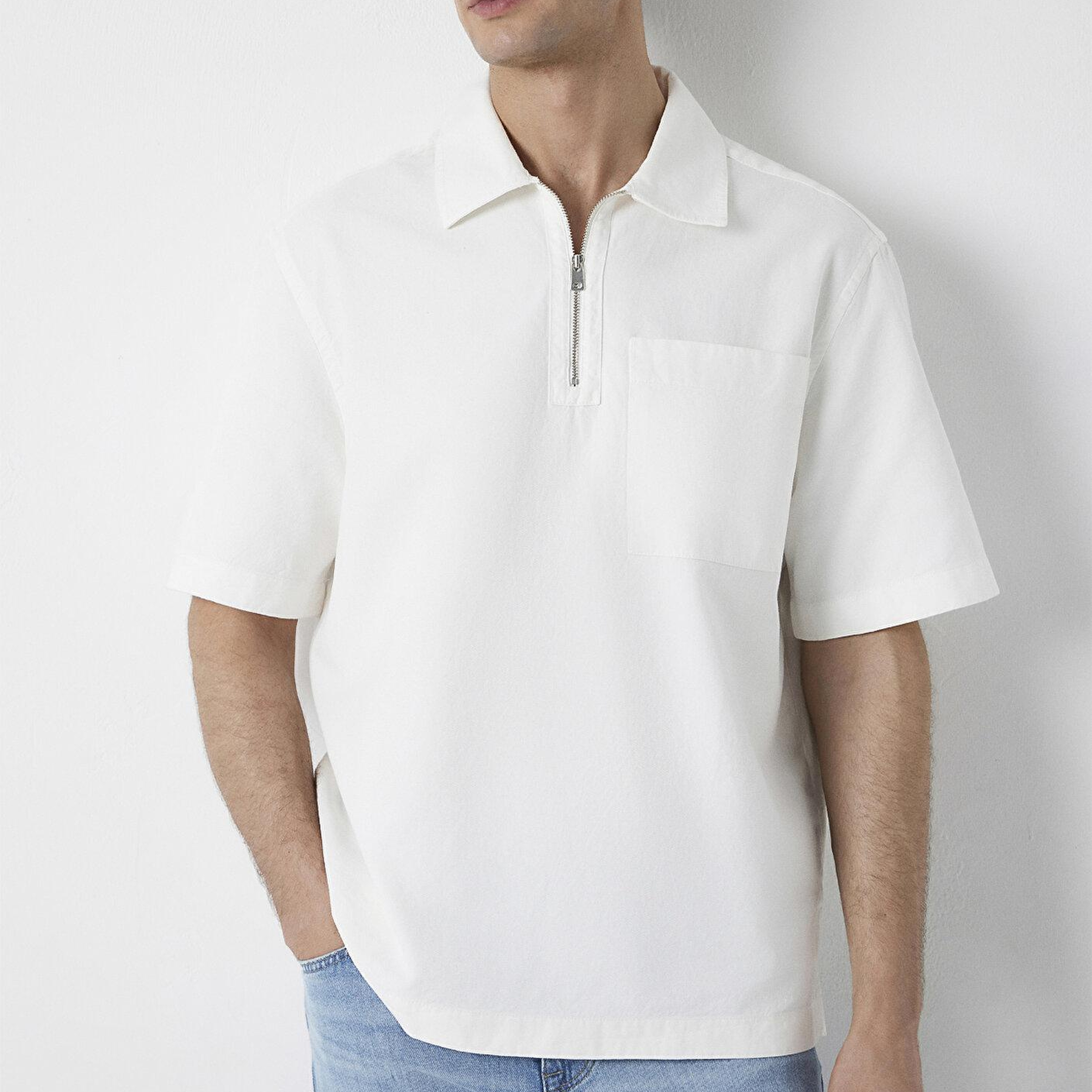 Mavi Ekru Polo Yaka Tişört Loose Fit / Bol Rahat Kesim 0211978-70057