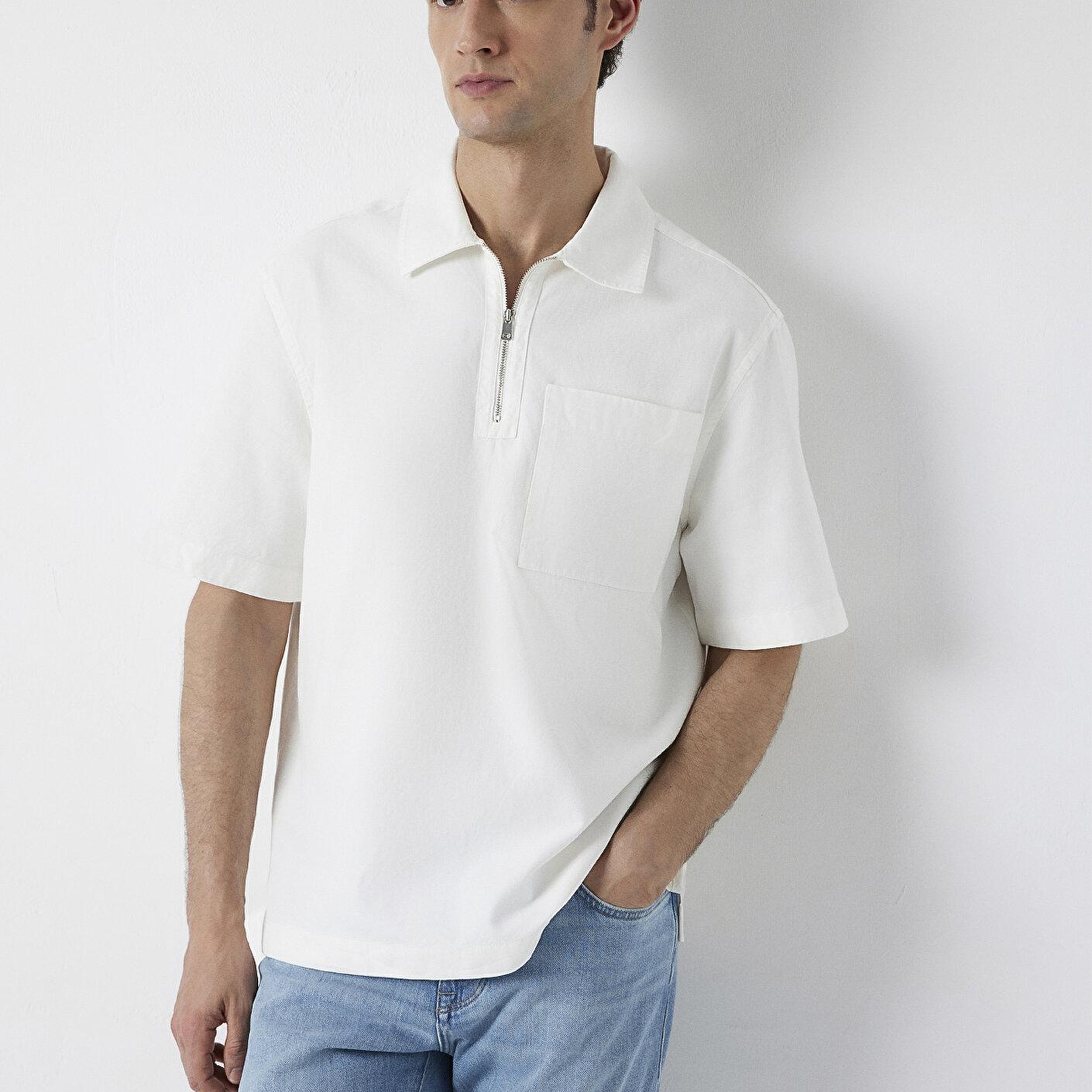 Mavi Ekru Polo Yaka Tişört Loose Fit / Bol Rahat Kesim 0211978-70057