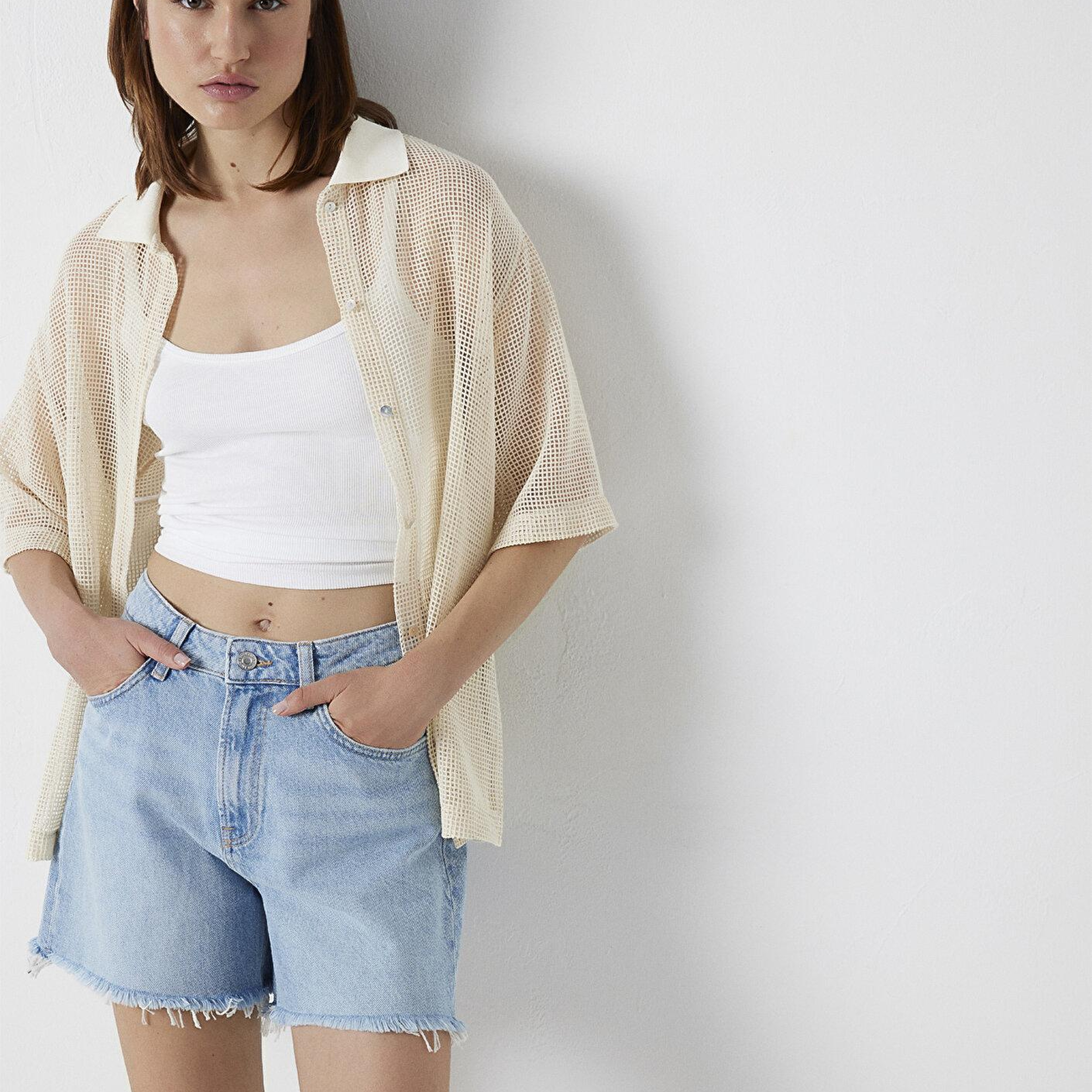 Mavi Bej Tişört Loose Fit / Bol Rahat Kesim 1614246-70072