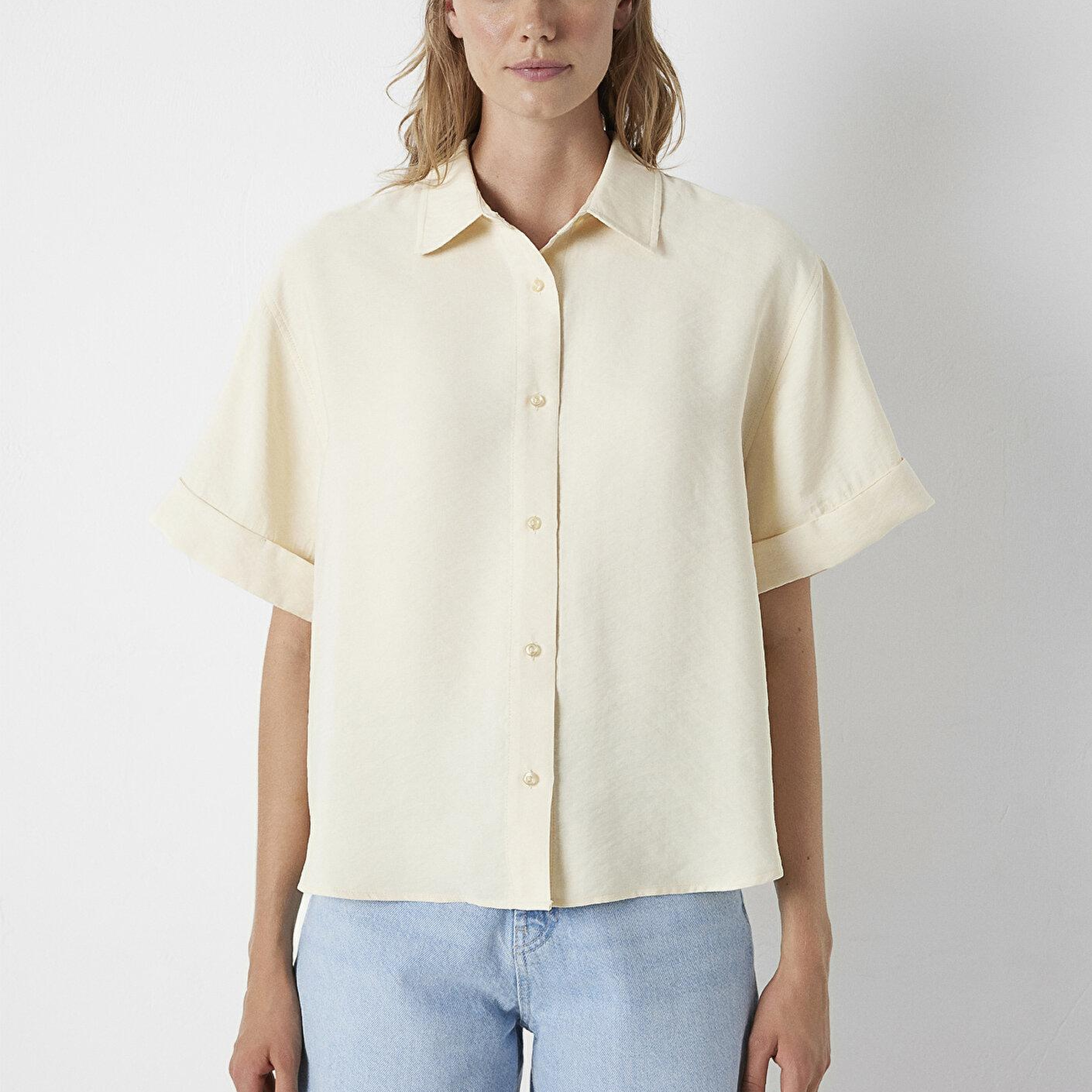 Mavi Modal (Tencel™) Karışımlı Ekru Gömlek Oversize / Geniş Kesim 1211488-70067