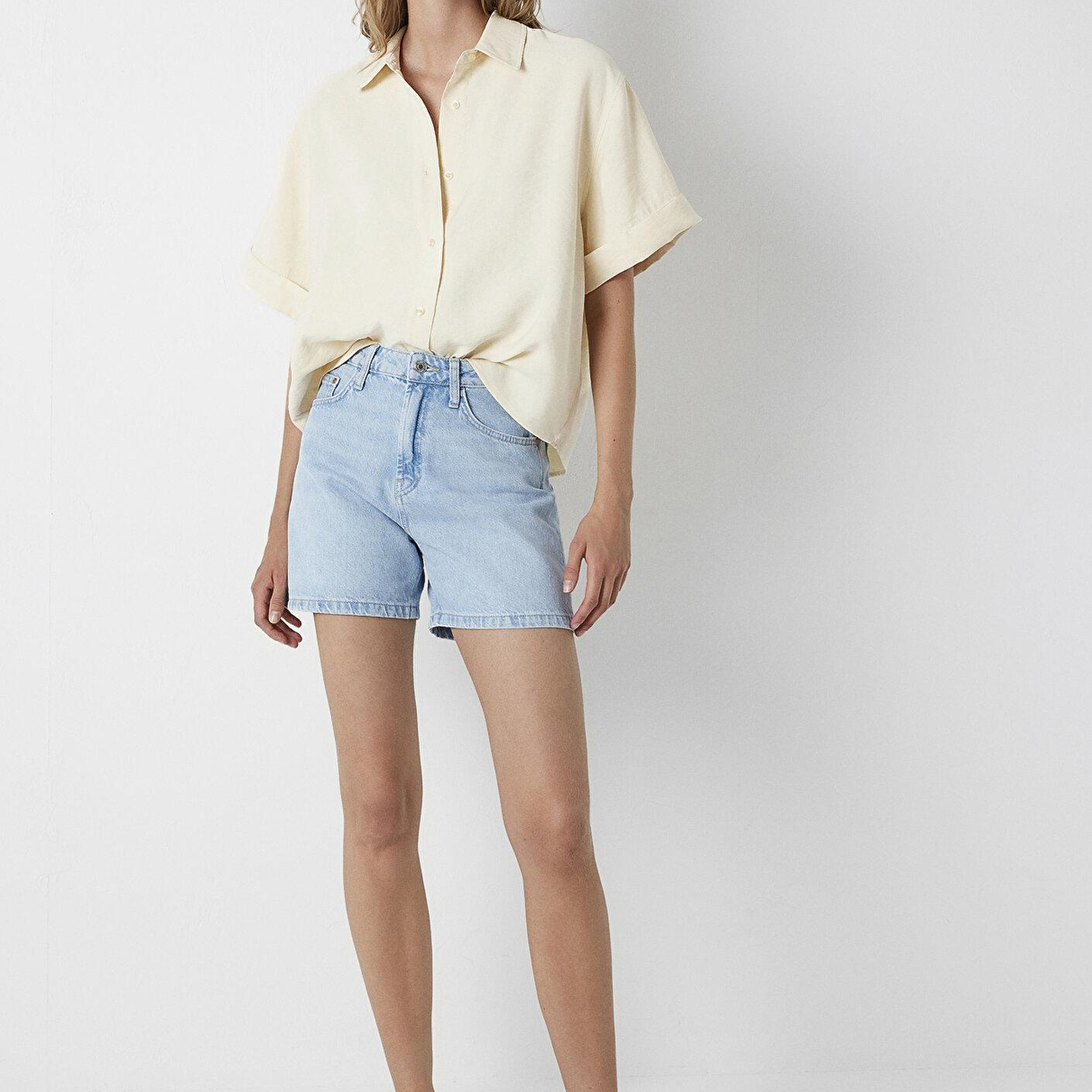 Mavi Modal (Tencel™) Karışımlı Ekru Gömlek Oversize / Geniş Kesim 1211488-70067
