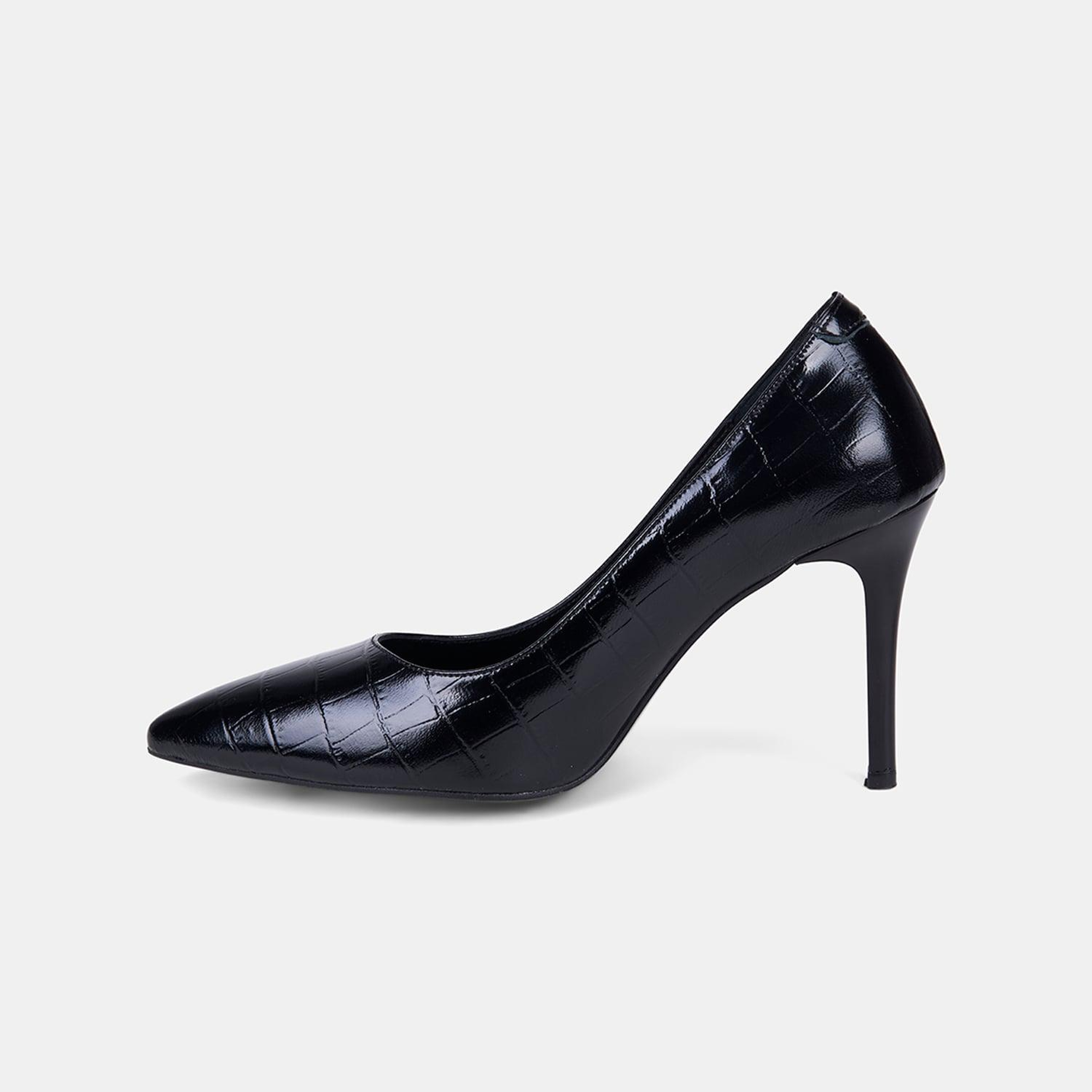 Kadın Siyah Kroko Baskılı Sivri Burunlu Klasik Deri Stiletto
