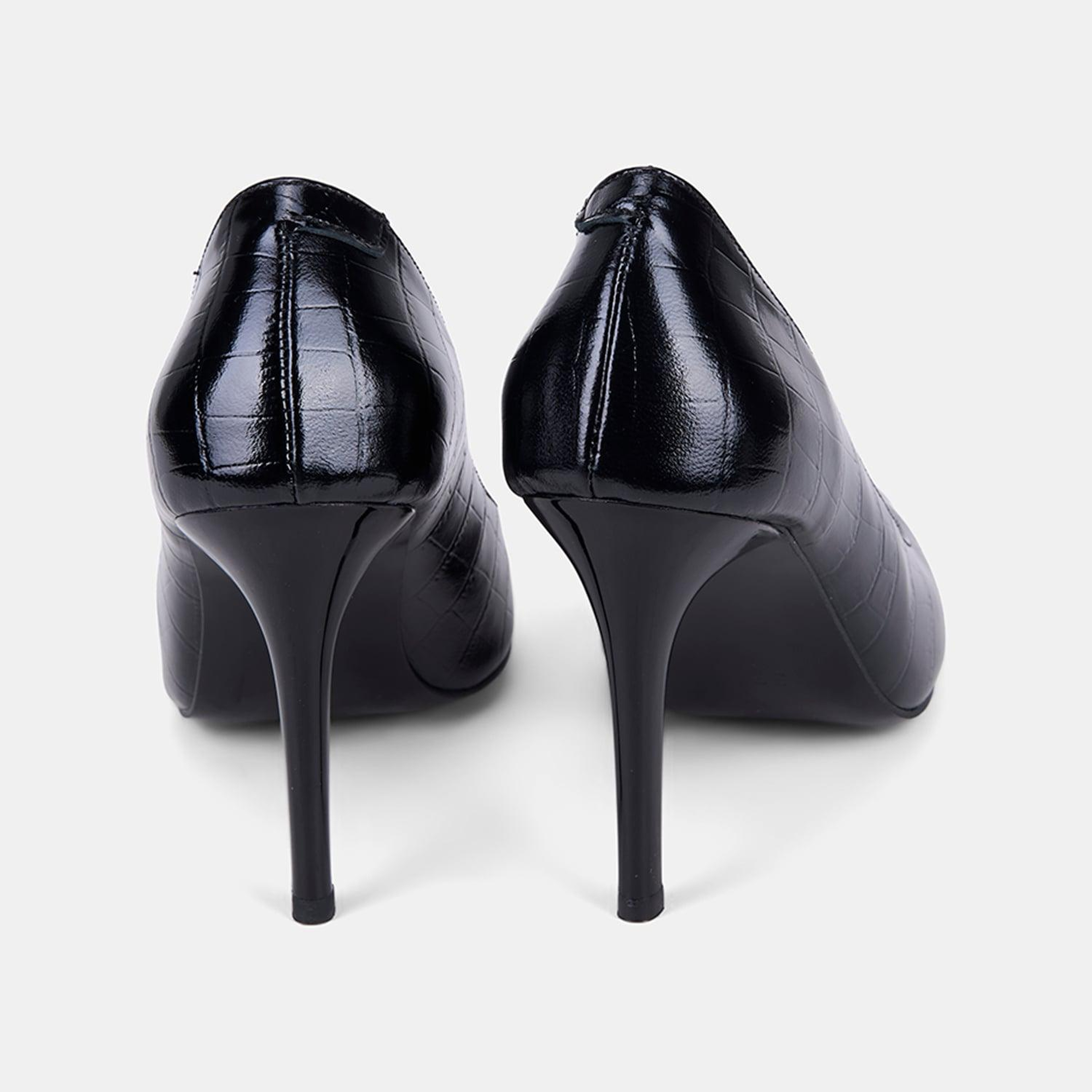 Kadın Siyah Kroko Baskılı Sivri Burunlu Klasik Deri Stiletto