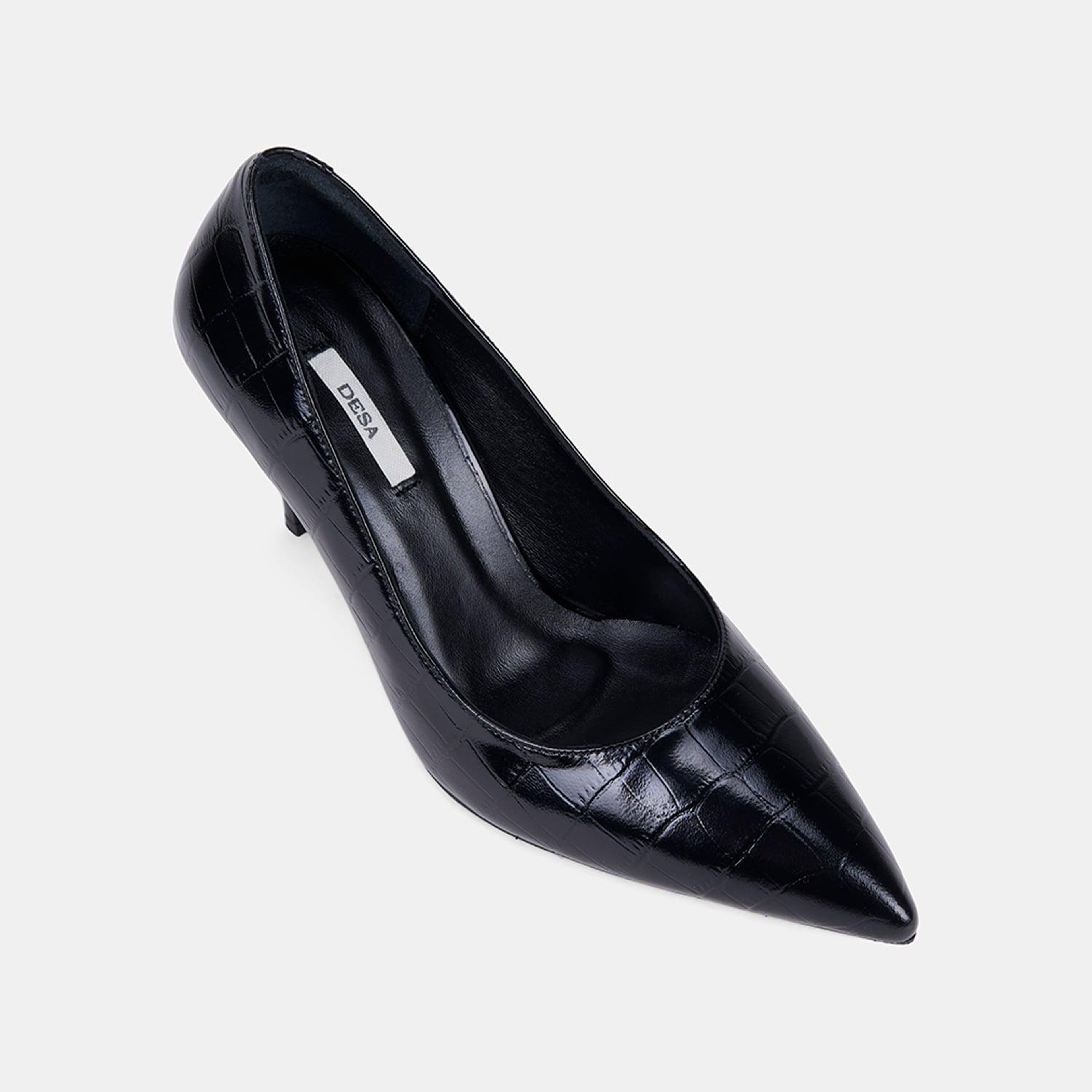 Kadın Siyah Kroko Baskılı Sivri Burunlu Klasik Deri Stiletto