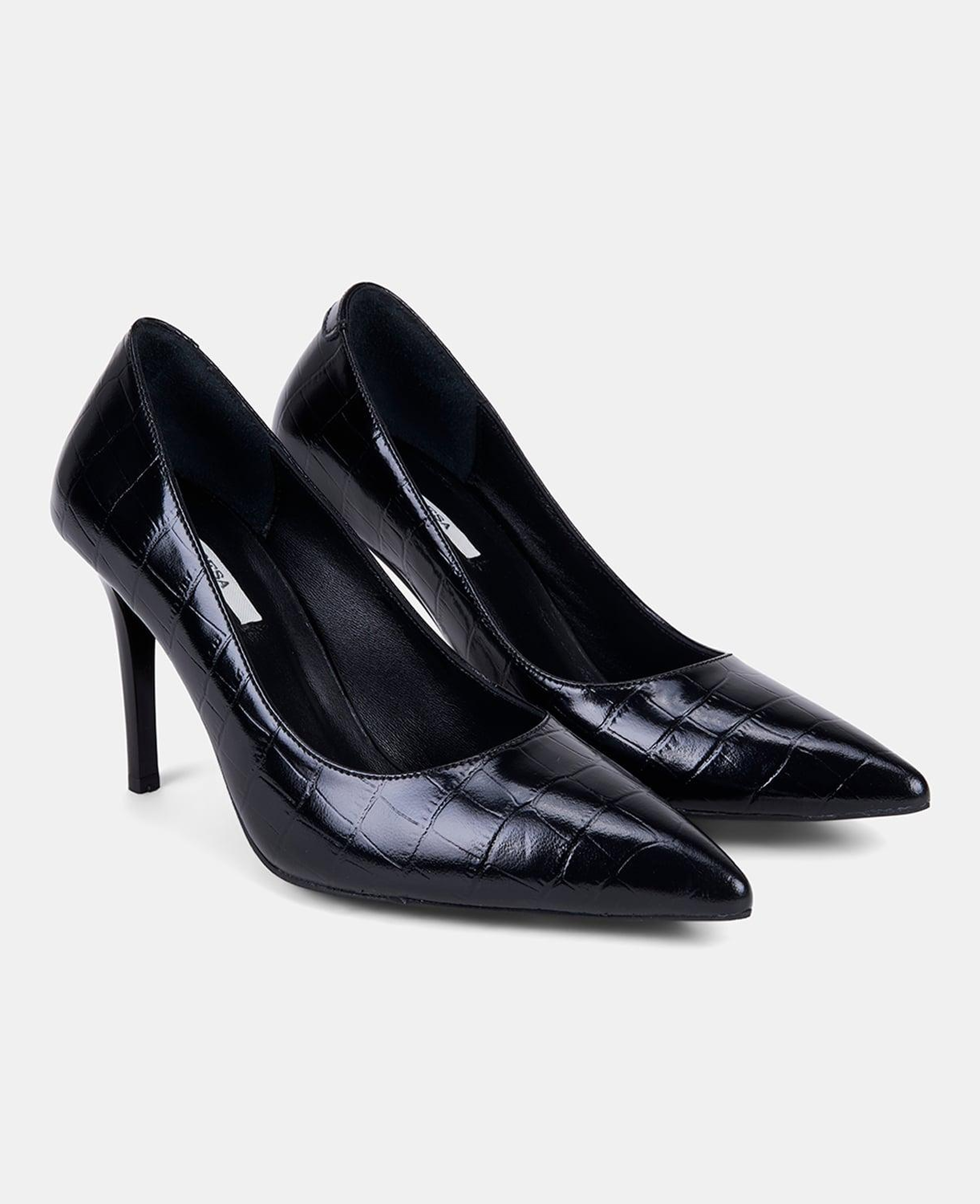 Kadın Siyah Kroko Baskılı Sivri Burunlu Klasik Deri Stiletto