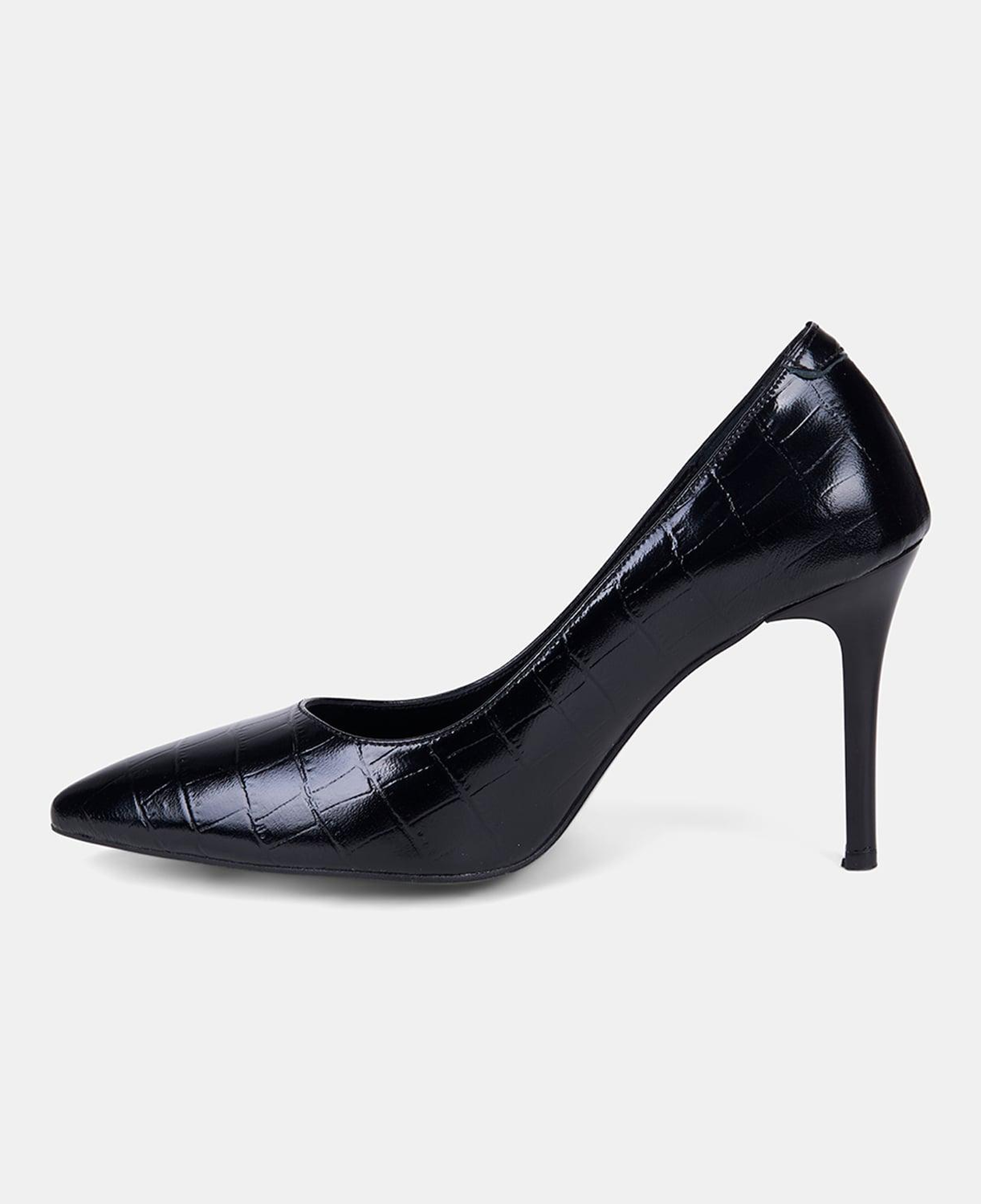 Kadın Siyah Kroko Baskılı Sivri Burunlu Klasik Deri Stiletto